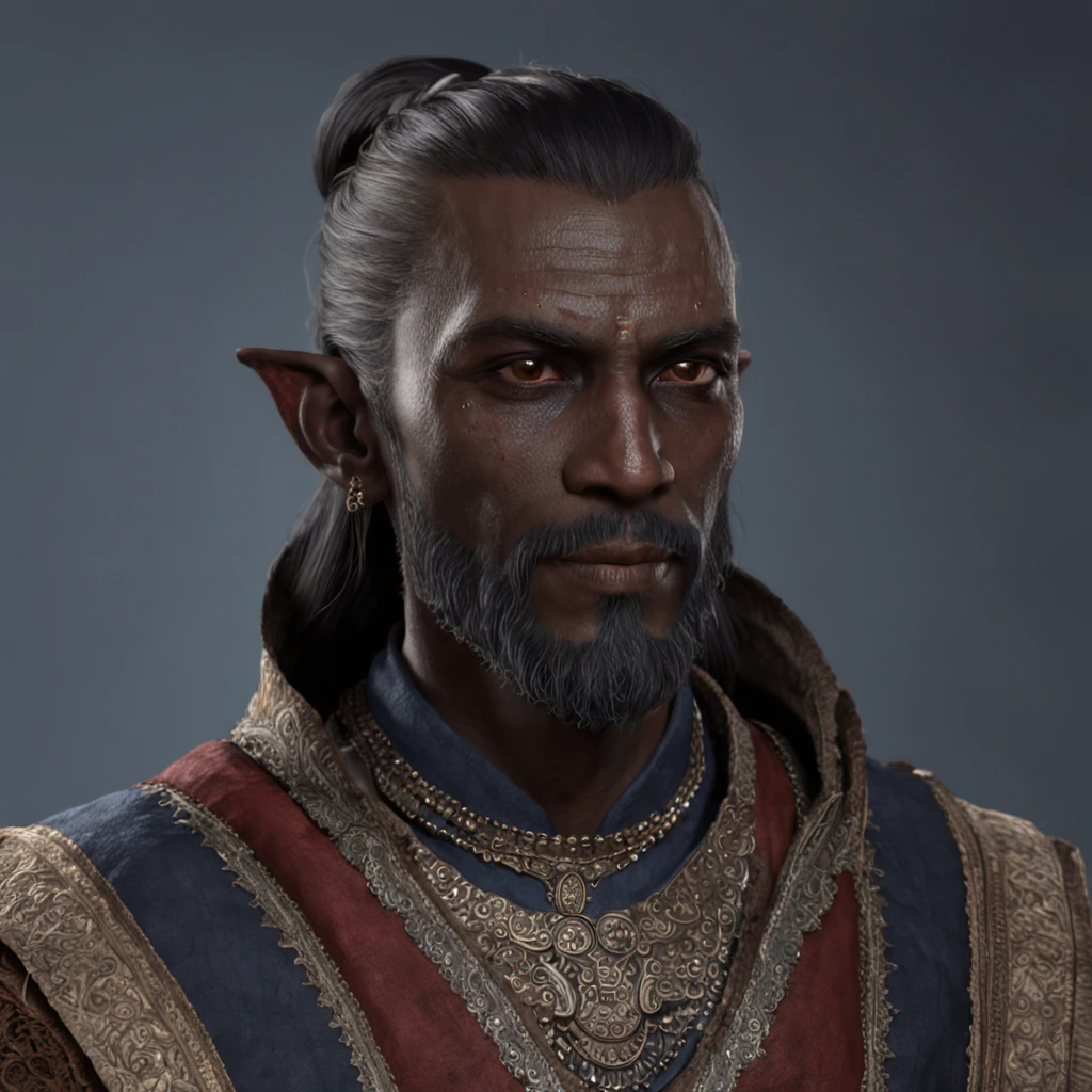 tes, dunmer, male, dark-blue skin, dark-grey skin, ashen skin, red eyes, beard, photorealistic, bright oriental clothes, detailed skin, detail, texture, high sharpness