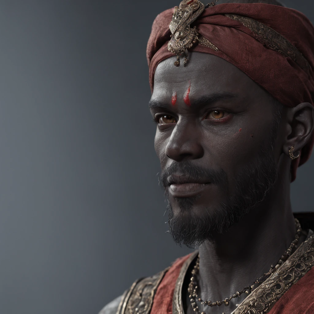 tes, dunmer, male, dark-blue skin, dark-grey skin, ashen skin, red eyes, beard, photorealistic, bright oriental clothes, detailed skin, detail, texture, high sharpness