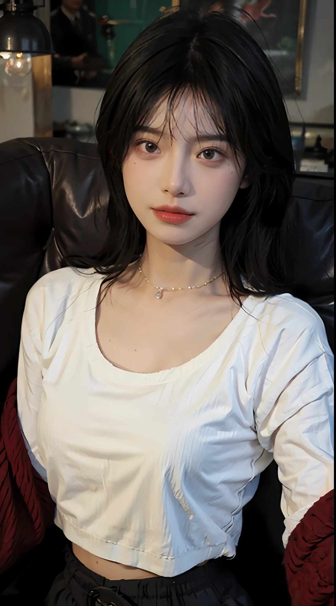 best qualtiy, 超高分辨率, (realisticlying:1.4),Baoyu Girl,1girll, with long coiled hair,Looking into the distance,nedium breasts,Cropped red sweater,a sense of atmosphere,Beautiful woman with a slim figure:1.4, Abs,Ultra-fine face,Elaborate Eyes,二重まぶた,choker necklace