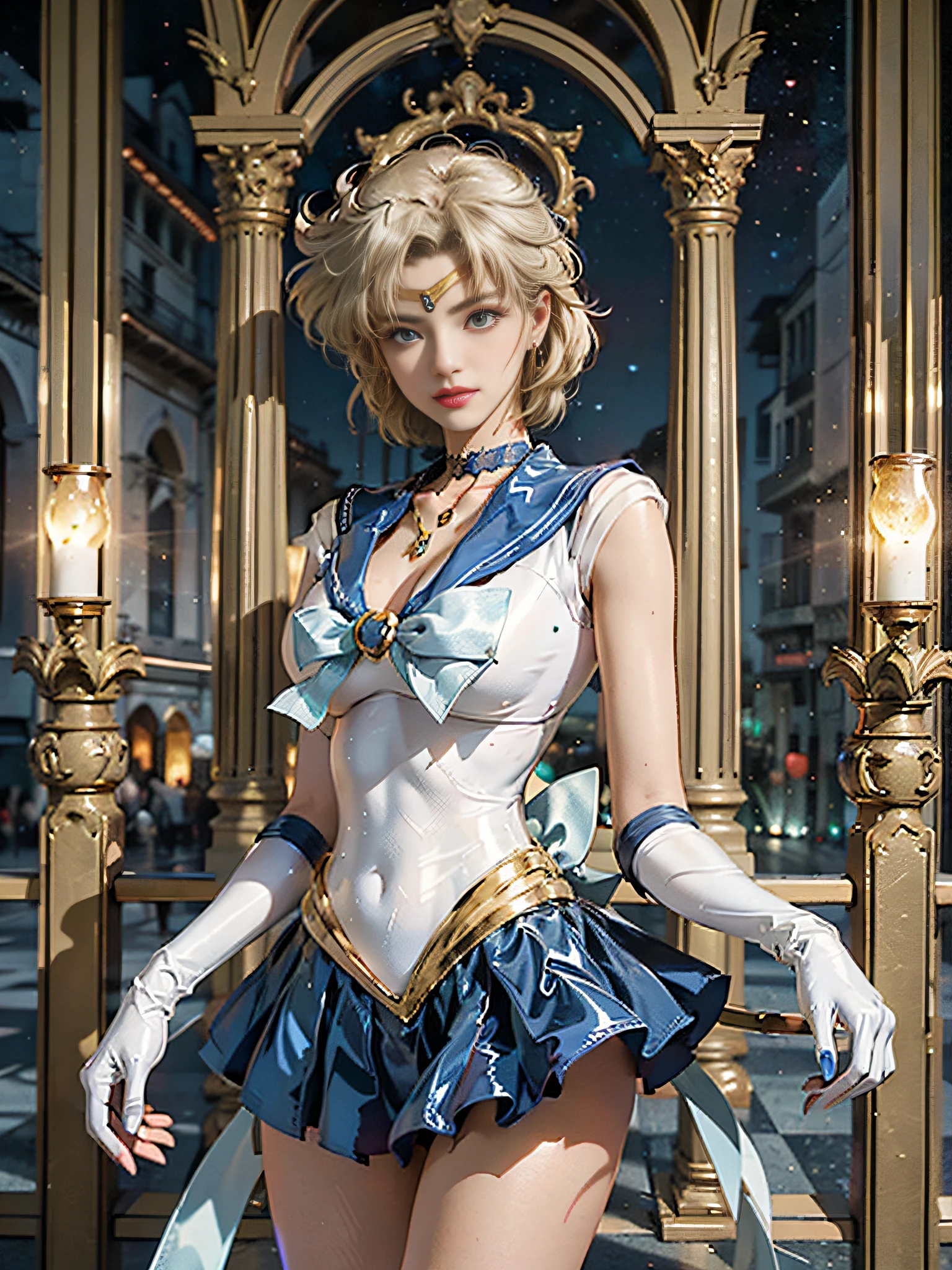 full: 1.3, Stand, Masterpiece, 。.3D, Realistic, Ultra-microphotography, Top quality, Ultra detailed CG Unity 8K wallpaper, Short hair: 1.3, Floating blonde: 1.2, from bottom, Intricate details, (1 female), 28 years old, (Sailor Uranus, Mature woman, Small breasts, aqua eyes, Blonde hair, Mei Xiaofu, Sky away,mer1, head gear, Sailor senshi uniform),Sailor senshi uniform: 1.2, Sailor Uranus, (((Fighting stance)), (Flat chest: 1.4, Tall，musculous: 1.4, muscle abs: 1.2,Small face, Very tall，Perfect proportions, Sexy and long legs, Sexy and dynamic model pose), (Luxurious gold accents,Luxurious gold crown on the forehead: 1.2, Bare upper arm: 1.2, White latex long gloves，Decorated with luxurious gold accents: 1.2, Very slim fit high-gloss silver holographic leather: 1.5,Bold sexy silver slender tall gravel swimsuit: 1.3, Blue brooch，The chest is adorned with a huge metal gold ribbon: 1.2, Dark blue sexy front door miniskirt: 1.1, Dark blue front mini skirt, White leotard, Dark blue gloves, In the elbows), (There are very large dark blue bows on the hips: 1.3, Dark blue necklace, cleavage, Sexy and bold, Gold ring-shaped earrings, Shiny dark blue high heels，Luxurious gold accents),
((Seductive smile, very pretty look face, Face details: 1.5, Bright blue eyes, Beautiful face, Beautiful eyes, Shiny eyes, Thin lips: 1.3, Thin, sharp pale eyebrows, long dark eyelashes, Double lashes)), (Gorgeous huge white wings), Visible pores, Perfect hands: 1.5, very dramatic images, Octane rendering, Intense natural light, Sunlight, exquisite lighting and shadows, Dynamic angles, ( Saturn, Earth divinity: 1.1, Dynamic lightning background: 1.3, Lightning divinity, Lightning space background, Moonlight, Moon, Dynamic background, Detailed background,), Digital SLR harp, Focus: 1.0, Maximum clarity and sharpness,