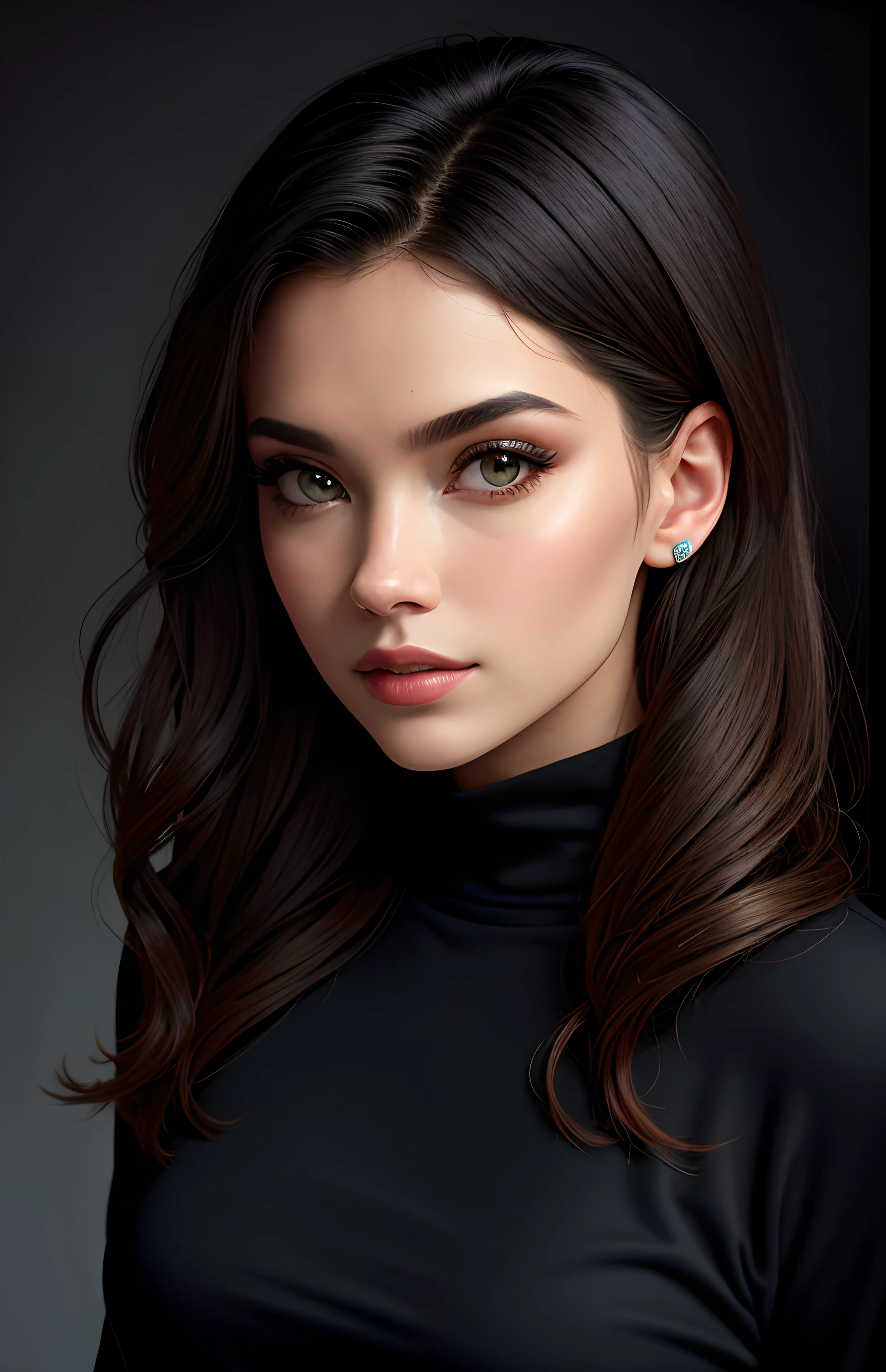 high angle photo of a gorgeous young woman in the style of stefan kostic, realistic skin texture, looks up,black sweatshirt, 1 / 2 body crop, 8 5 mm art lens, f 1. 2, sharp focus, 8 k high definition, insanely detailed, intricate, elegant, art by stanley lau and artgerm