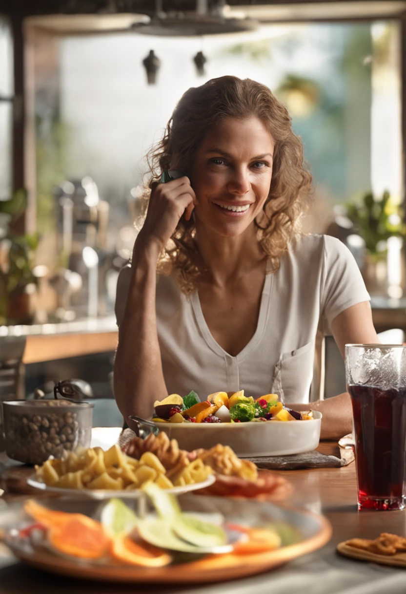 Make a Thin Woman This woman should be dressed in jeans and white T-shirt She should be in a healthy living space herbalife with a waffle on the plate and a glass with an energy drink Photo ultra realistic 8k fullhd