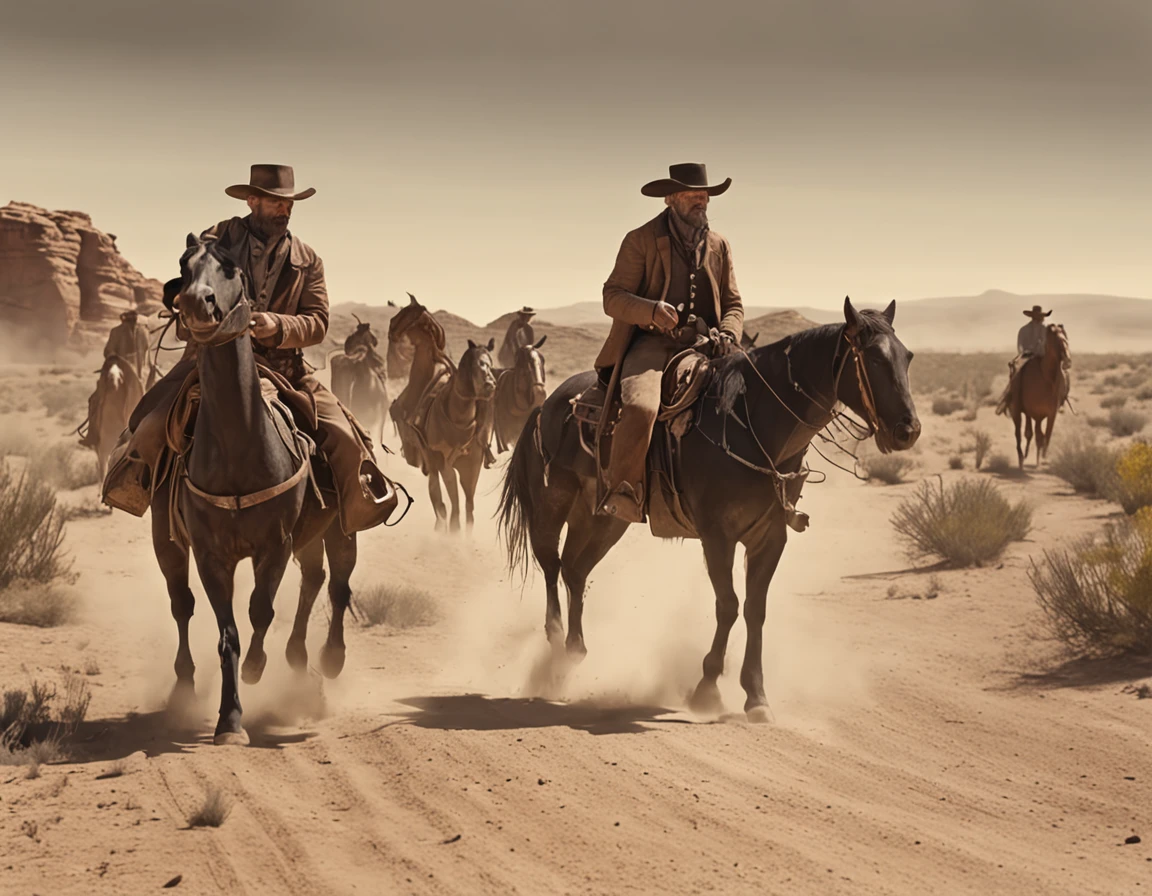 - Old West American -- Drawing -- Two Gunslingers Ride Side by Side and Talk. Behind came in a row, Gunslingers Mounted on their Horses. They trotted gracefully along the dusty road, raising golden clouds in the midday sun.
- Realistic - Cinematic - 4k -- ar 16:9