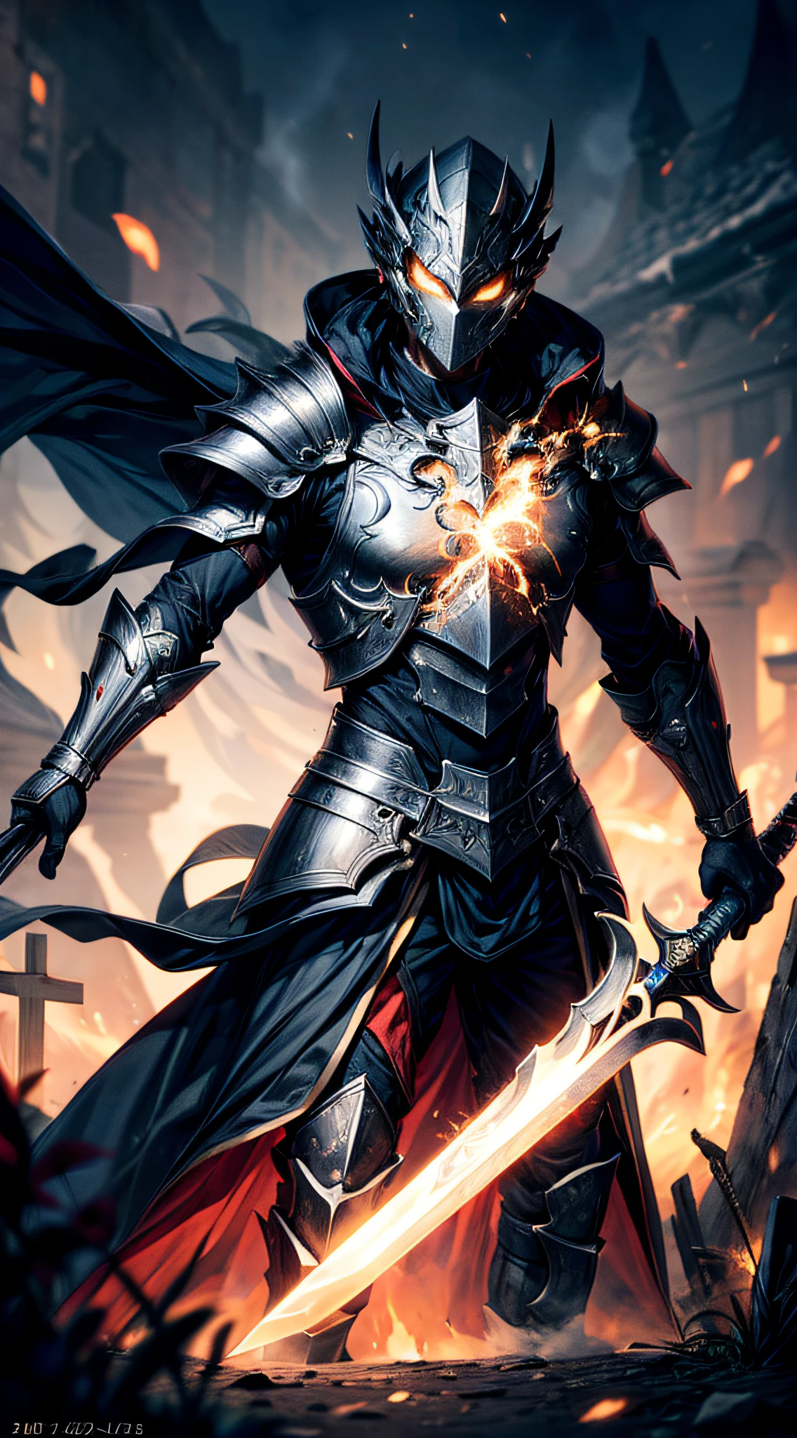 (16k, RAW photos, maximum quality, masterpiece: 1.2) 1man wearing robust black armor emitting tron circuit luminosity intricate to detail, helm with flaming red light coming out of his eyes an extremely murderous aura, supported with both hands on a giant sword, shining, well detailed \excalibur\ with gold and silver a powerful shining blade capable of splitting the earth in half, with writings carved with luminous details, the emanation of absolute power, generating sparks and steam around it passing this gigantic energy for the sword wielder, standing in the cemetery looking at the viewer as the fog spreads across the ground, (focus on the sword), extremely detailed image.