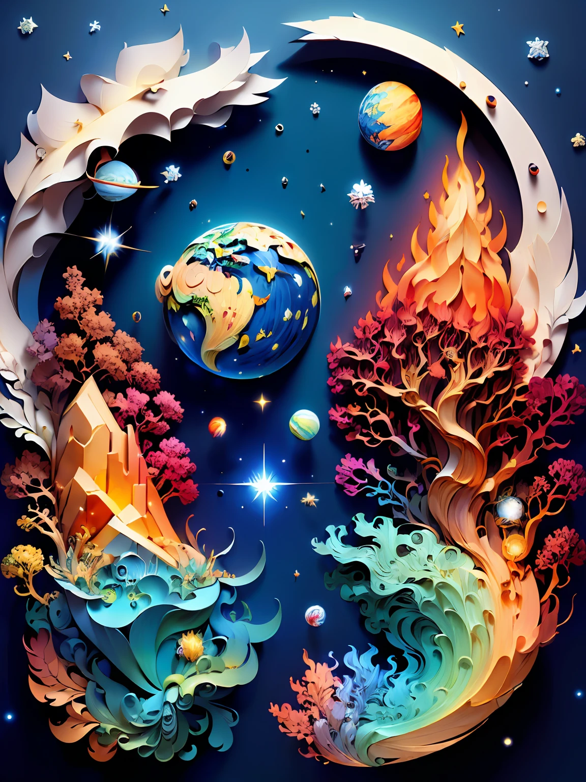 ((((Masterpiece))), Best Quality, Illustration, Earth, Universe, Water, Fire, Wind, Space, paper_cut,