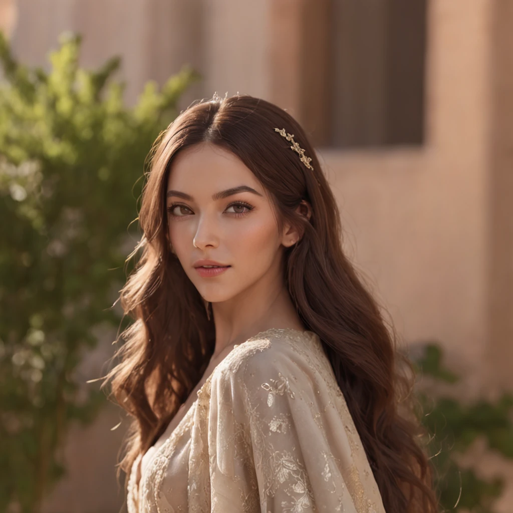 (professional 3d render:1.3) (Realistic:1.3) most beautiful photo in the world, Features soft and shiny, ((Epic fantasy woman, super long hair, cute expression in dynamic pose, Fantastic location, Majestic Moroccan environment)), bright green eyes, closed lips, full body 8k unity render, action shot, sunset lighting, heavyshading, Detailed, Detailed face, (vibrant, photograph realistic, Realistic, Dramatic, Dark, Sharp focus, 8K), (Abaya Jellaba Kaftan:1.4), (Intricate:1.4), decadent, (Highly detailed:1.4), smooth, Sharp focus, realistic, (loish:0.23), (Global illumination, Studio light, volumetric light), fairy lights, particles floating, full body, ((Marrakech city background:1.3)),