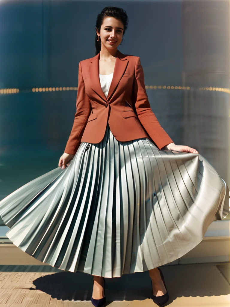 very (flirty:1,5) smiling good woman wearing a short blazer with a very very detailed (long (fully pleated) full circle skirt) and (simple) low heeled office shoes, very very intricate hyper-detailed symmetric (attractive graceful young feminine face) with (sad, tired eyes and a shy smile), large breasts, full of empathy and compassion and love, (pronounced (feminine) features), (highly detailed ultra accurate realistic) hands and fingers, (windy conditions and wind blowing), epic composition, highly detailed attributes, highly detailed atmosphere, (35mm f1.4 Kodak portra 400 photograph), extremely high quality RAW photograph, (deep space travel),