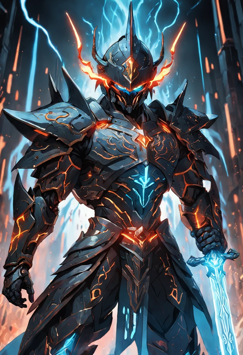 (16k, RAW photos, maximum quality, masterpiece: 1.2) 1man wearing robust black armor emitting tron circuit luminosity intricate to detail, helm with flaming red light coming out of his eyes an extremely murderous aura, supported with both hands on a giant sword, shining, well detailed \excalibur\ with gold and silver a powerful shining blade capable of splitting the earth in half, with writings carved with luminous details, the emanation of absolute power, generating sparks and steam around it passing this gigantic energy for the sword wielder, standing in the cemetery looking at the viewer as the fog spreads across the ground, (focus on the sword), extremely detailed image.