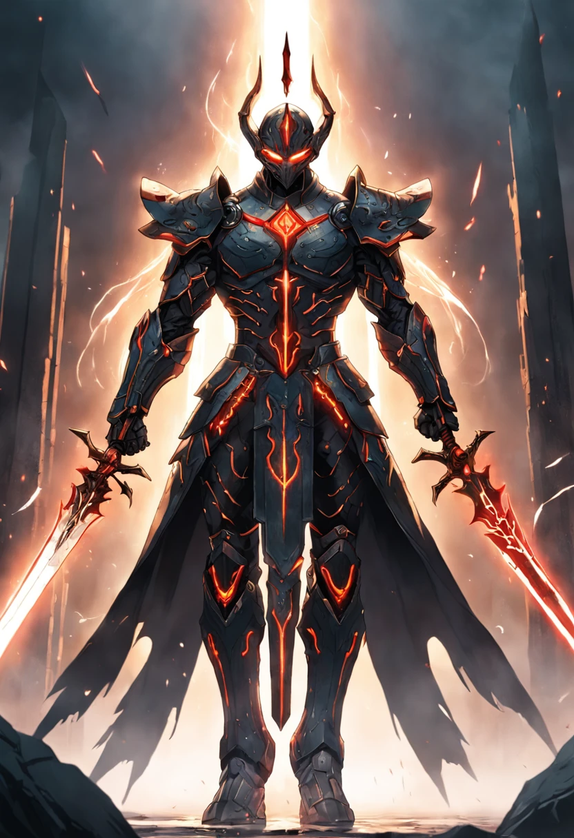 (16k, RAW photos, maximum quality, masterpiece: 1.2) 1man wearing robust black armor emitting tron circuit luminosity intricate to detail, helm with flaming red light coming out of his eyes an extremely murderous aura, supported with both hands on a giant sword, shining, well detailed \excalibur\ with gold and silver a powerful shining blade capable of splitting the earth in half, with writings carved with luminous details, the emanation of absolute power, generating sparks and steam around it passing this gigantic energy for the sword wielder, standing in the cemetery looking at the viewer as the fog spreads across the ground, (focus on the sword), extremely detailed image.