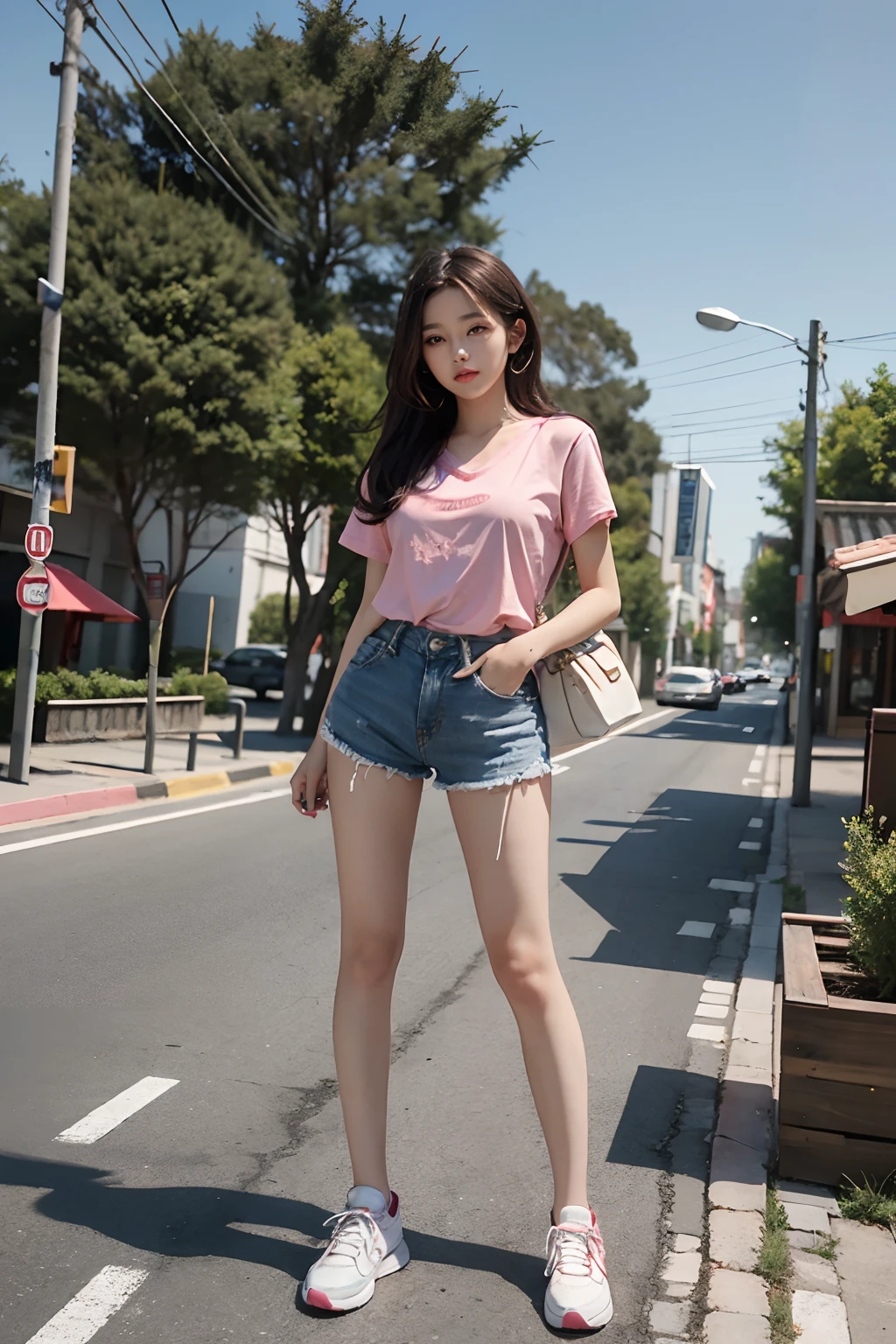 Ultra high quality, Full body like,Refined face,Beautiful girl of 18 years old,with a good figure,Smaller bust,whitet-shirt,Waistless pink denim shorts,Jiangtan Park scene,Stand tall