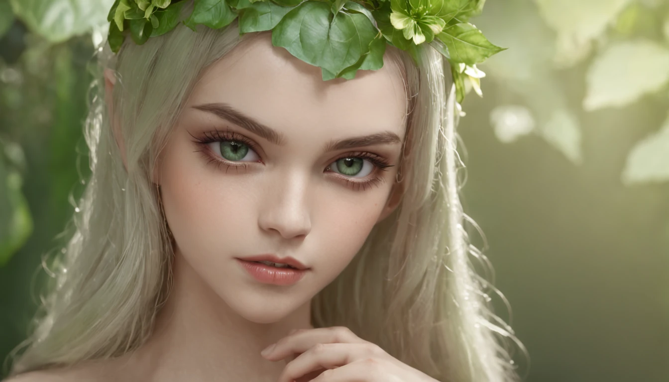 Menina anime com olhos verdes sentada em um banco com uma planta verde, garota elfa, elfo sedutor princesa cavaleiro, princesa elfa, ela tem orelhas de elfo e olhos de ouro, 8k arte detalhada de alta qualidade, menina elfa vestindo um terno de flores, retrato de um elfo, um retrato de um elfo, estilo shadowverse, arte anime digital detalhada, ((roupas apertadas, see through, camelo, Bodysuit, topless))