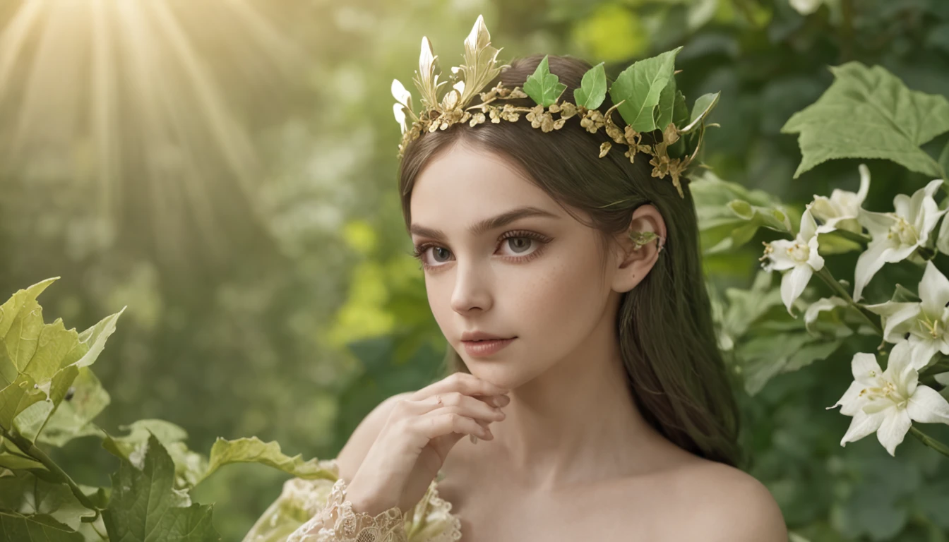 anime com olhos verdes sentada em um banco com uma planta verde, garota elfa, elfo sedutor princesa cavaleiro, princesa elfa, ela tem orelhas de elfo e olhos de ouro, 8k arte detalhada de alta qualidade, meninavestindo um terno de flores, retrato de um elfo, um retrato de um elfo, estilo shadowverse, arte anime digital detalhada, ((roupas apertadas, see through, camelo, Bodysuit, topless))