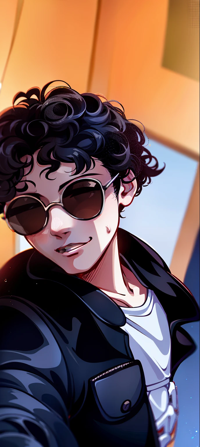 There's a young man with curly hair in a cartoon setting, cabelo cacheado curto escuro sorrindo, cabelo cacheado, messy curly hair, cacheado, muito bobo olhando, Foto de perfil do headshot, cabelo cacheado.
