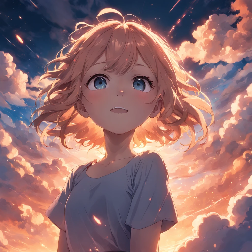 masterpiece, best quality, movie still, 1girl, cloud girl, floating in the sky, close-up, bright, happy, warm soft lighting, sunset, (sparks:0.7)