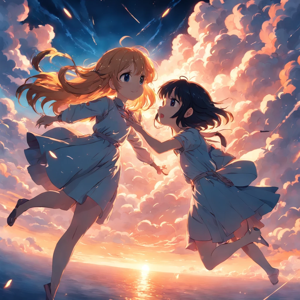 obra-prima, melhor qualidade, filme ainda, 2girls, garota nuvem, floating into the sky, close-up, brilhante, feliz, Soft lighting and Warm, sun sunset, beira mar, (Sparks: 0,7)