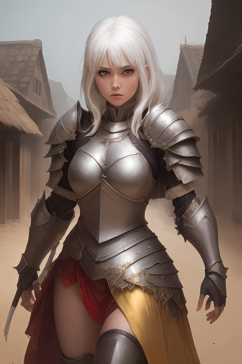 girl, white hair, red eyes, wearing armor, golden skirt, village, absurdres, highres, ultrasharp, 8K, masterpiece, looking at viewer