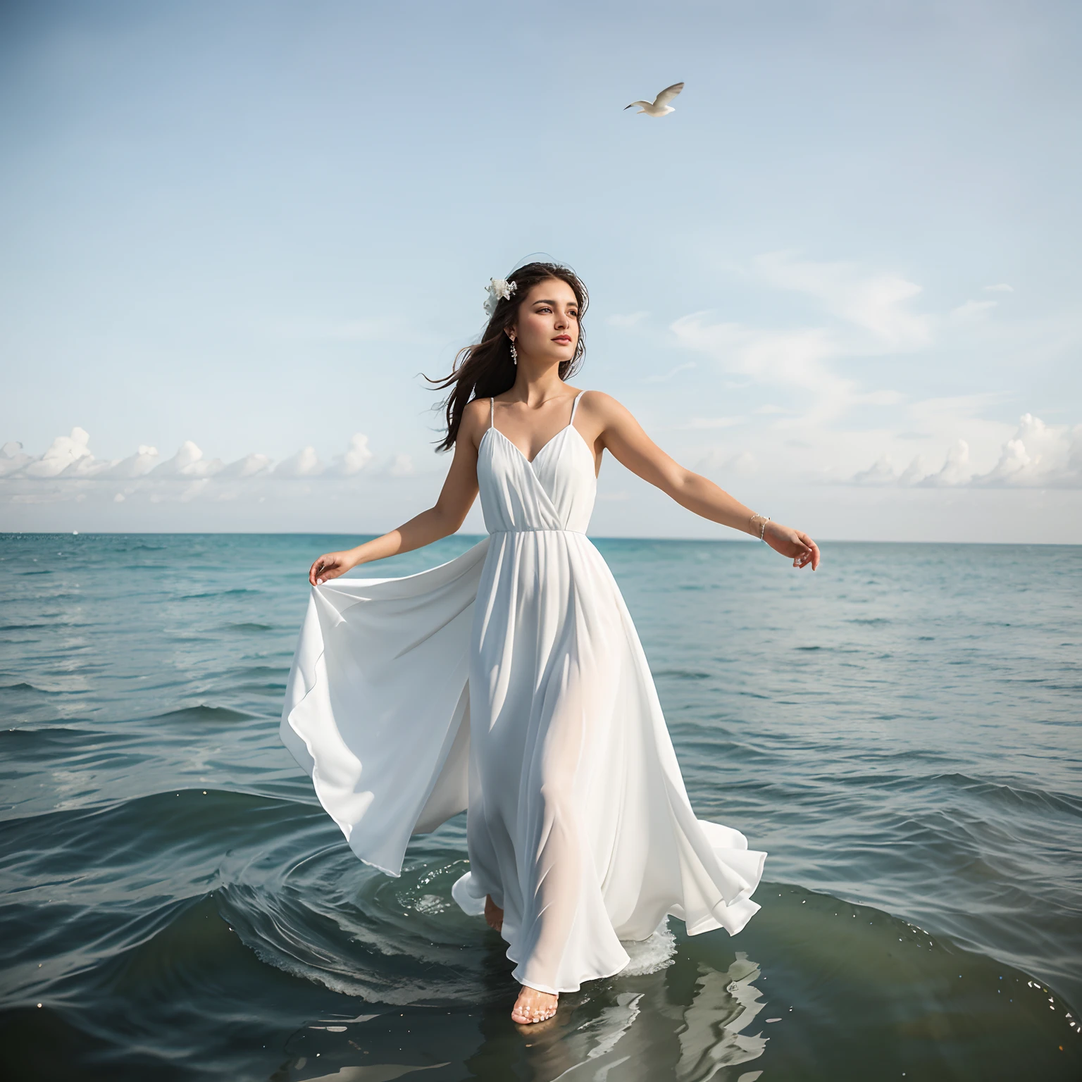 Araffe woman in white dress standing in sea water with flowing dress, walking on water, blue water, wearing a white flowing dress, white flowing dress, she is floating in the air, flowing white robes, tiptoe, mar azul, Flowing dress, lindo vestido branco longo longo, Wearing a flowing dress, flutuando no ar, vestido branco longo, Pose flutuante elegante, cabelo flutuando ao vento, Girl in white dress dancing, mistic