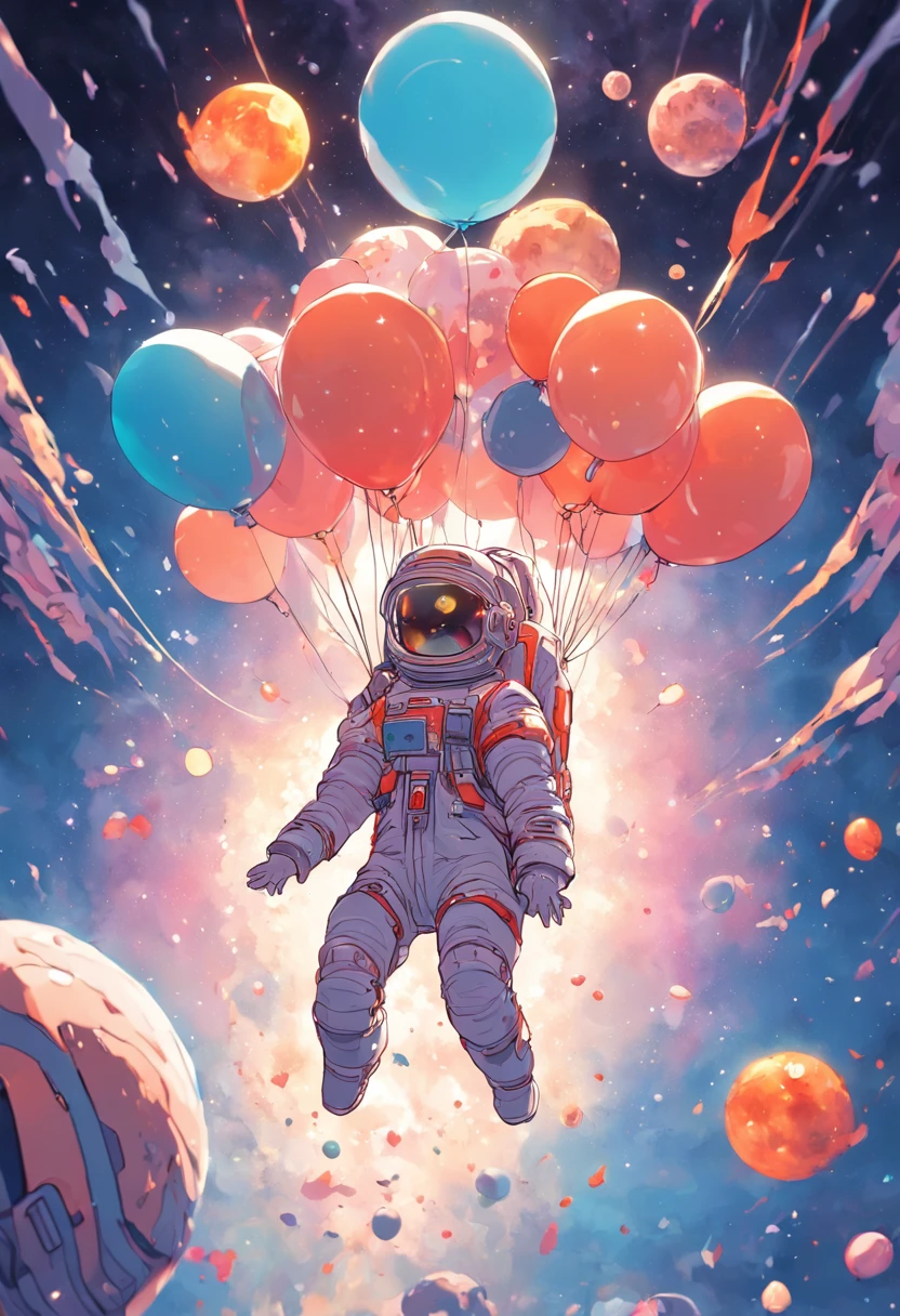 Hyper detailed cat astronaut holding a balloon, Flying through outer space with planets at the bottom of the happy well, alegre, floating in outer space, ..3d, 8k, efeito pop art, Detalhe brilhante, etiqueta, 3D Printing, design de camiseta