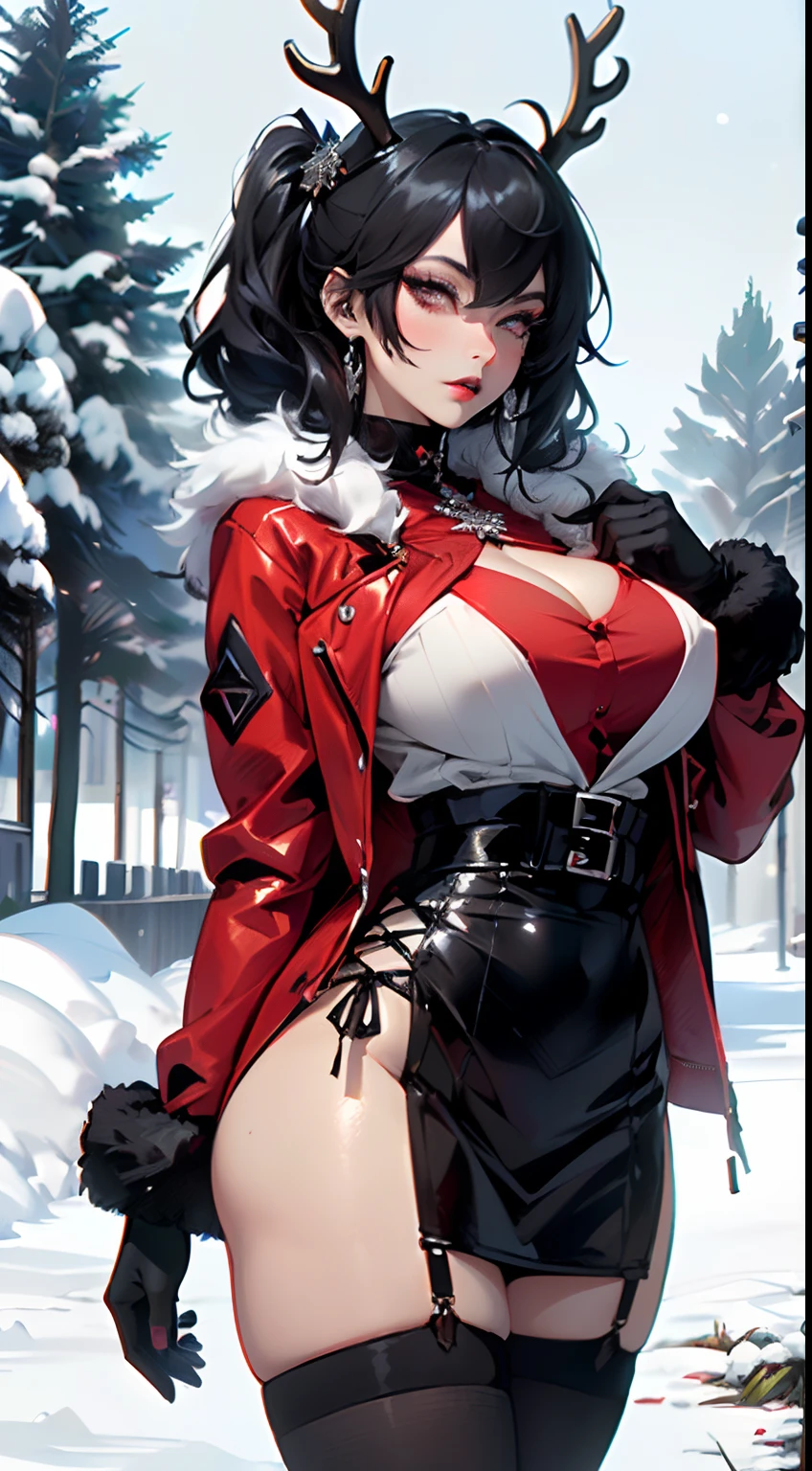 gothic reindeer girl,(((1girl))),((extremely cute and beautiful black hair anime gothic reindeer girl)),

(((anthro furry:1.2), Playboy_Reindeer, reindeer_antlers,(huge antlers:1.2),)),(large breasts:1.4),saggy breasts,((((black hair twintails:1.35,large hair twintails,colored inner hair,ear breathing)))),((red eyes,upturned eyes:1.3,beautiful detailed eyes,finely detailed beautiful eyes:1,big highlight on eyes:1.2,slanted eyes)),((fat)),(((lustrous skin:1.5,bright skin: 1.5,skin tanned,shiny skin,very shiny skin,shiny body,plastic glitter skin,exaggerated shiny skin,Reflective skin))),(spider lower abdomen,narrow waist,wide hip,athletic body,inflated legs,delicate detailed fingers,detailed body,detailed arms,human hands,(detailed face)),

cute,slutty,seductive,erotic,(((nsfw))),

zettai ryouiki,revealing clothing,show skin,(((Sexy goth fur coat, goth fur coat outfit, wearing a goth fur coat:1.3,dark red winter coat))),((black mini-skirt,black mini skirt with furry edge,visible thong straps)),(black gothic clothes,semi-naked,with little goth clothing,((((Black Eyeshadow,Thick Black Eyeliner,Long Dramatic Eyelashes,Black Lips,question symbols Accessories,question symbols ornaments)))),(question symbols on her clothes,detailed outfit,detailed clothes),

(dynamic pose:1.0),solo focus,embarrassed,centered,scale to fit dimensions,Rule of thirds,

twilight,holiday Village Background,winter,snowstorm in background,(pine forest),detailed background:1.25,snow covered,lots of snow, snow,snow forest background,(((Glowing Snowflakes,Glittering Details))),Christmas tree,

(best quality),(high resolution),(sharp focus),(ultra detailed),(extremely detailed),(extremely high quality artwork),8k_wallpaper,(extremely detailed CG 8k),(very fine 8K CG),((hyper super ultra detailed perfect piece)),flawless,(((masterpiece))),illustration,vibrant colors,(intricate),High contrast,Selective lighting,Double exposure,HDR (High Dynamic Range),Post-processing,Background blur,