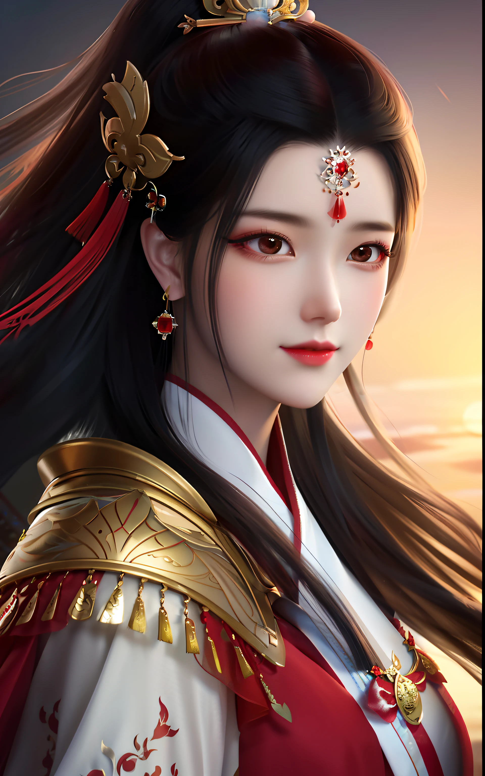 Close-up of a woman with long hair in a red and white dress, Beautiful character painting, inspired by Du Qiong, a beautiful fantasy empress, Palace ， A girl in Hanfu, Inspired by Lan Ying, ((a beautiful fantasy empress)), Inspired by Zhao Yuan, Inspired by Qiu Ying, a beautiful woman warrior, inspired by Ju Lian