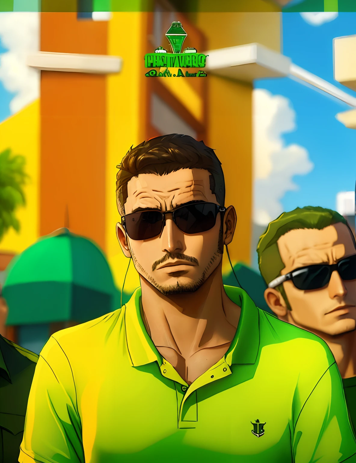 Man in sunglasses and green polo shirt, retrato tirado 8k, fotografia selfie 8k, imagem de alta qualidade, foto de perfil headshot, estilo gta san andreas