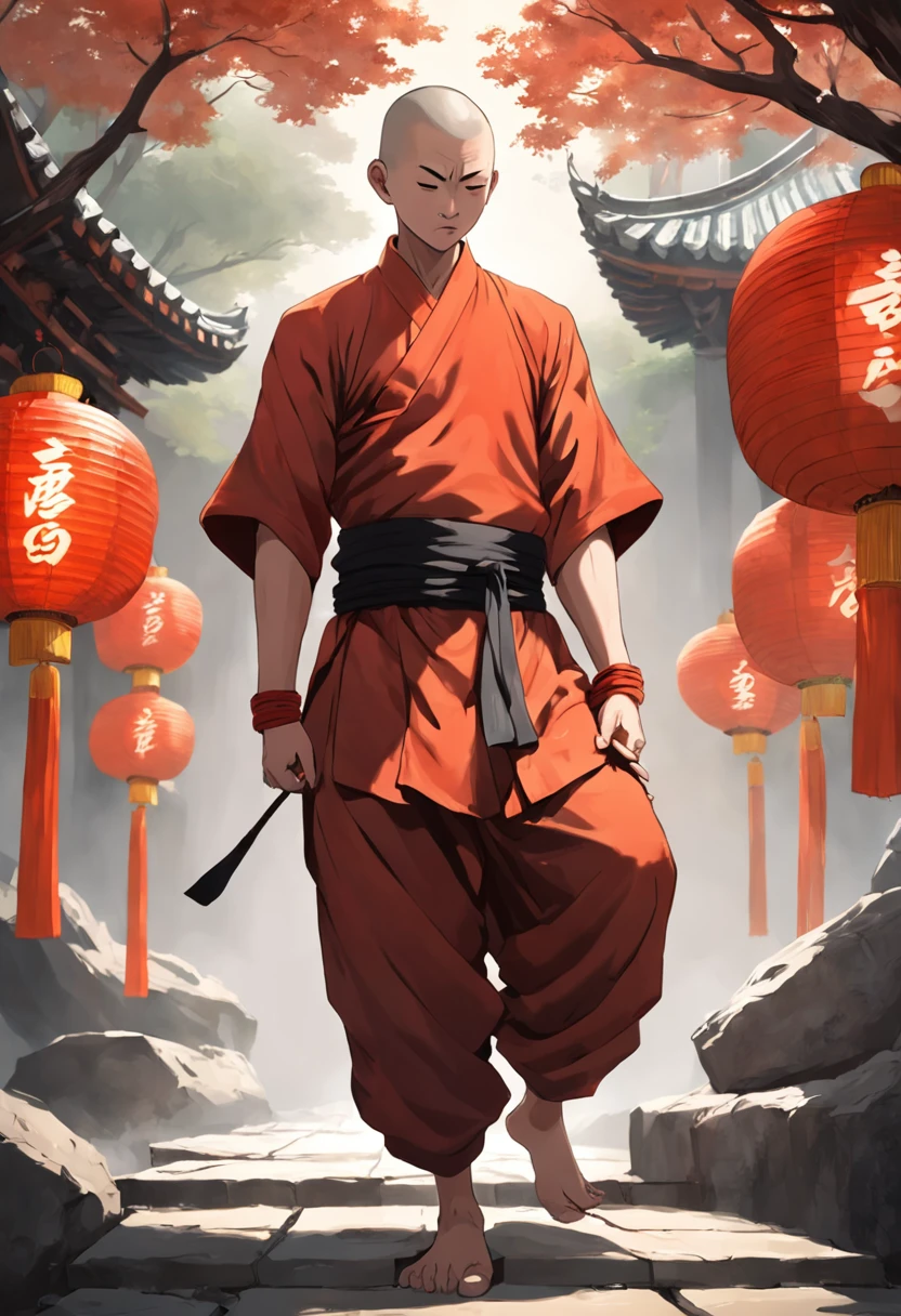 "Please create an image of a standing Shaolin monk, wearing traditional monk robes in shades of red and gold. The monk should be in a quiet meditation pose, with his hands resting on his crossed legs. However, instead of of a human head, the monk should have the Yin Yang symbol in black and white. The Yin Yang symbol should be placed where the monk's head would normally be, and its shape should blend harmoniously with the monk's body. The environment around the monk could be an ancient temple with hanging paper lanterns and lush plants. Soft lighting should enhance the serenity of the scene. The image should convey a sense of balance, tranquility and the coming together of opposites."