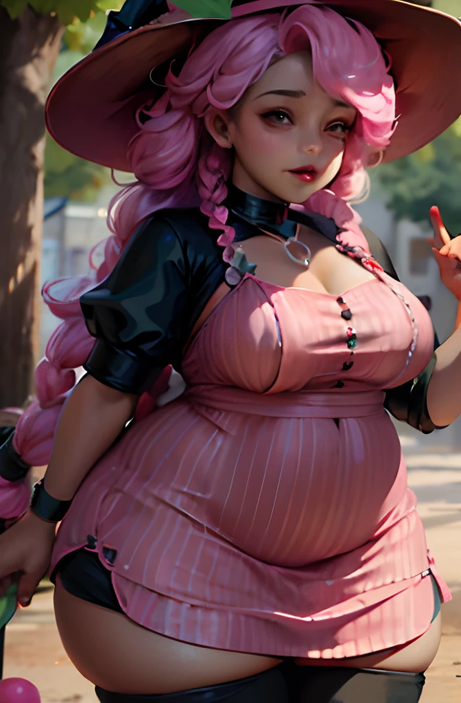 There is a woman dressed in a pink outfit and a hat, small curvy , real life big mom, personagem de fantasia hiperdetalhado, thicc, 8k arte detalhada de alta qualidade, pink iconic character, Tiro Giantess altamente detalhado, Arte no estilo de Guweiz, inspirado no artista de personagens seniores, Arte Giantess
