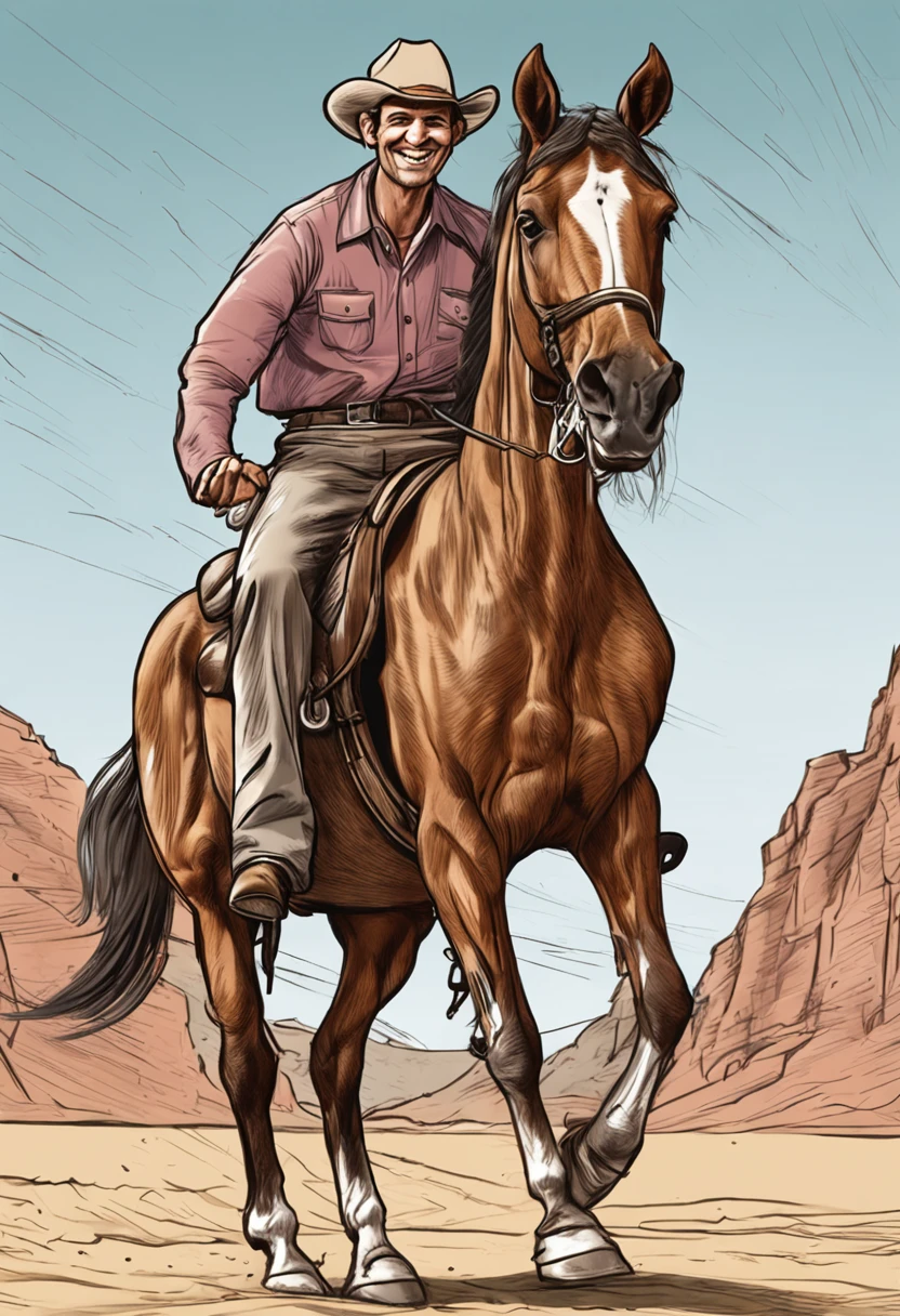 Caricature pencil man on horse, sorridente, wearing gaucho clothes, Sketch style