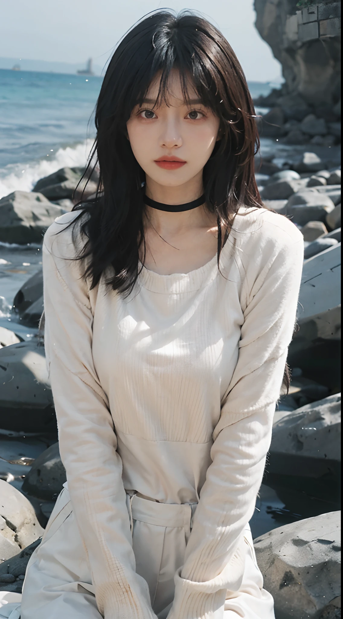 best qualtiy， 超高分辨率， （realisticlying：1.4），cute hairpin，1girll，Air bangs，with long coiled hair,Quartered sweater ，Blushlush，Beautiful woman with a slim figure:1.4, Pronounced abs，On the sandy beach,Ultra-fine face，Elaborate Eyes，二重まぶた，choker necklace