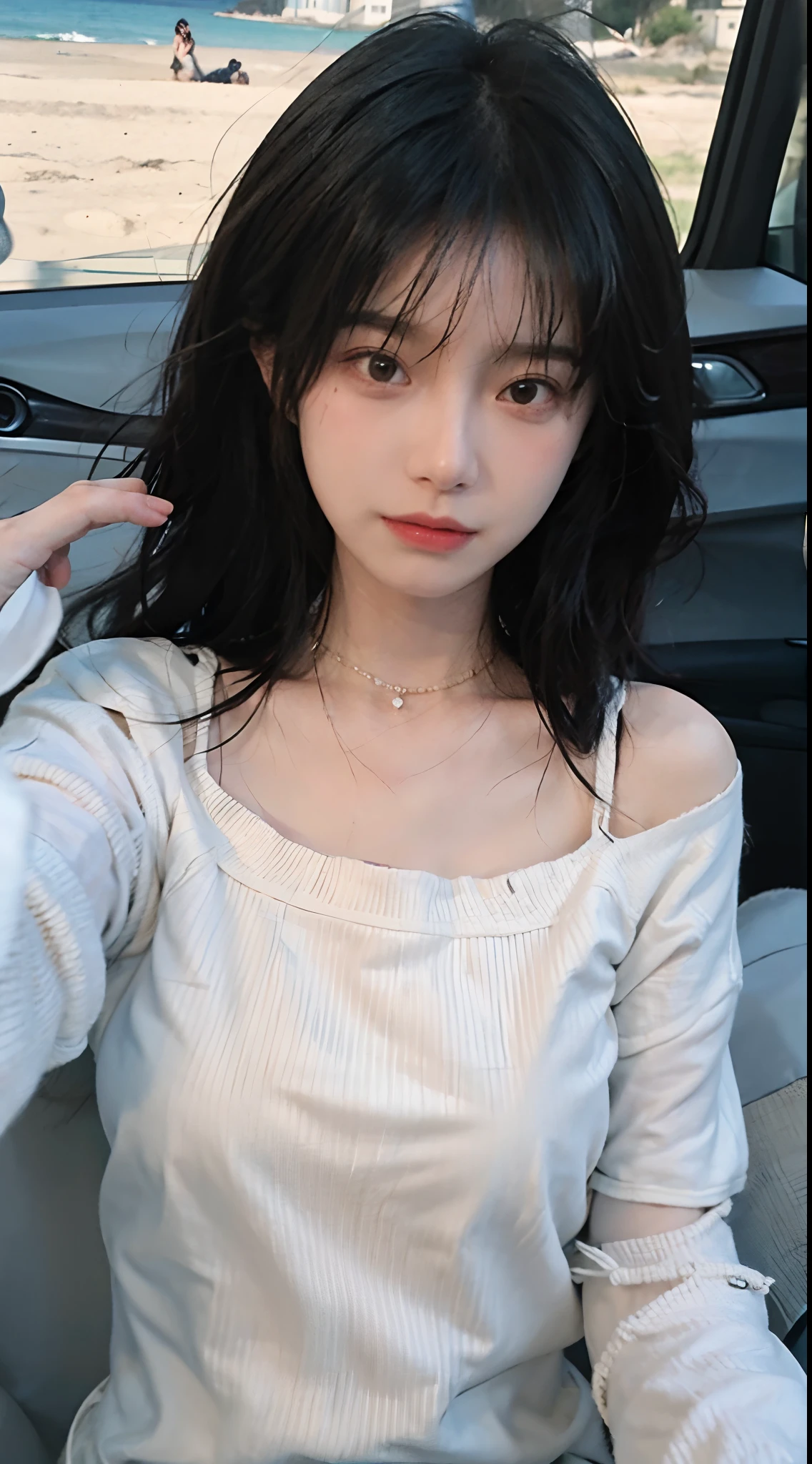 best qualtiy, 超高分辨率, (realisticlying:1.4),cute hairpin,1girll,Air bangs,with long coiled hair,Quartered sweater ,Blushlush,Beautiful woman with a slim figure:1.4, Pronounced abs,On the sandy beach,Ultra-fine face,Elaborate Eyes,二重まぶた,choker necklace