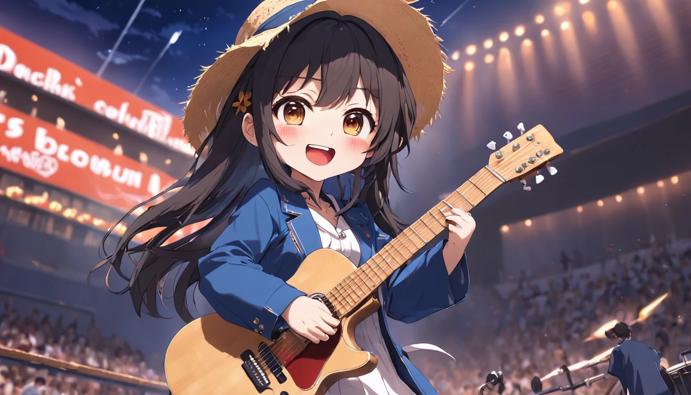 (​masterpiece)、(top-quality)、(ultra-detailliert)、(full body Esbian:1.2)、女の子1人、Chibi、cute little、a smile、open open mouth、Playing guitar、Music、a straw fedora hat、Have a guitar、jaket、:3、The shirt、Blurring、A dark-haired、shortsleeves、bangss、A dark-haired、blue-sky、夏天、(beautifull detailed face)、(beatiful detailed eyes)、