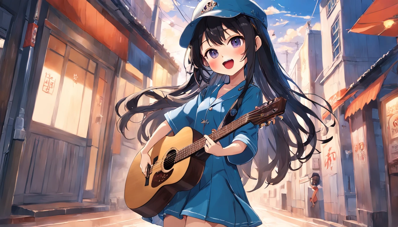 (​masterpiece)、(top-quality)、(ultra-detailliert)、(full body Esbian:1.2)、女の子1人、Chibi、cute little、a smile、open open mouth、Playing guitar、Music、a straw fedora hat、Have a guitar、jaket、:3、The shirt、Blurring、A dark-haired、shortsleeves、bangss、A dark-haired、blue-sky、夏天、(beautifull detailed face)、(beatiful detailed eyes)、