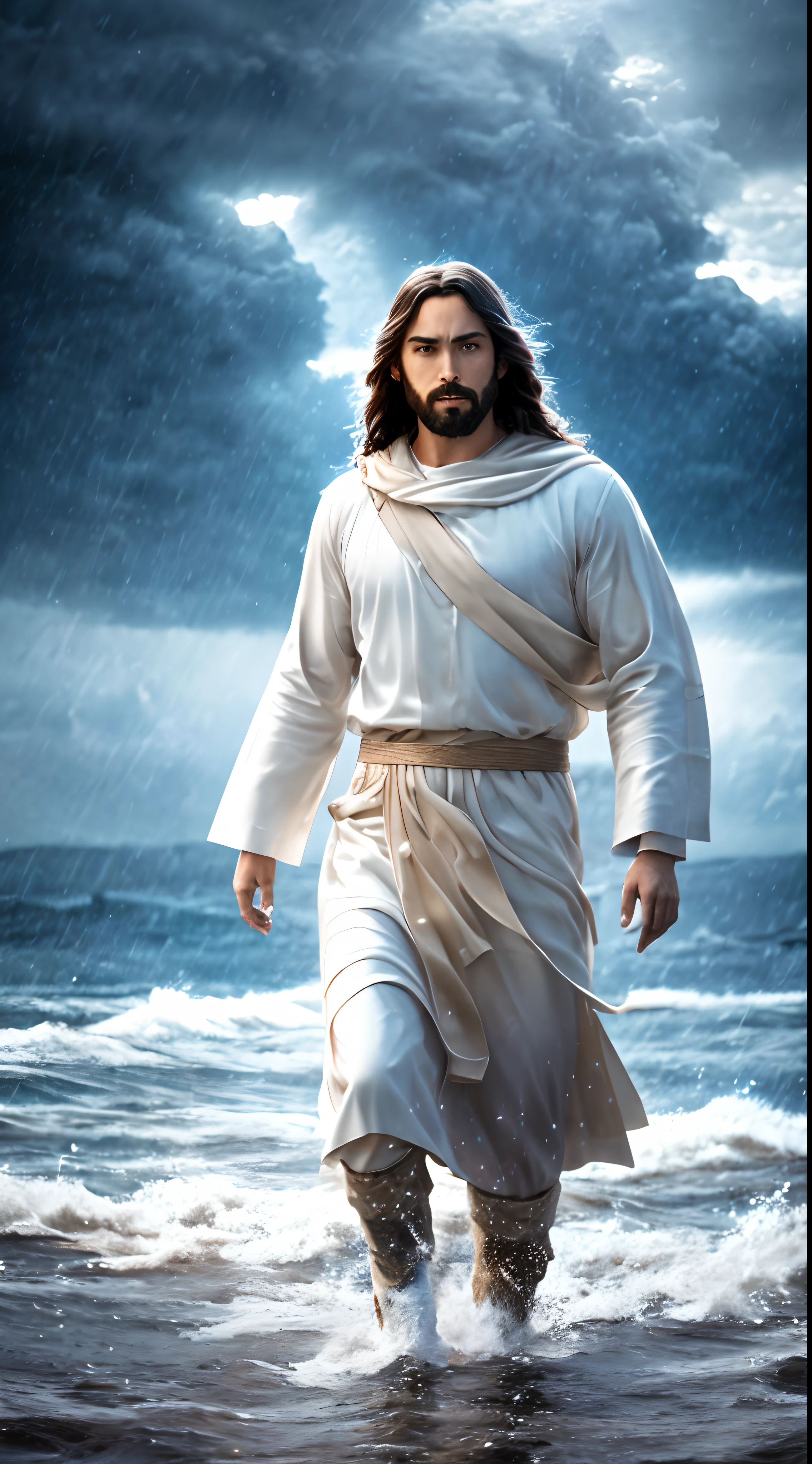 Jesus walking on water in a storm, gentle expression, streaks of light coming down from the sky, masterpiece, highest quality, high quality, highly detailed CG unit 8k wallpaper, award-winning photos, bokeh, depth of field, HDR, bloom, chromatic aberration, realistic, very detailed, trending at artstation, trending at CGsociety, complex, high detail, dramatic, mid-journey art, volumetric lighting