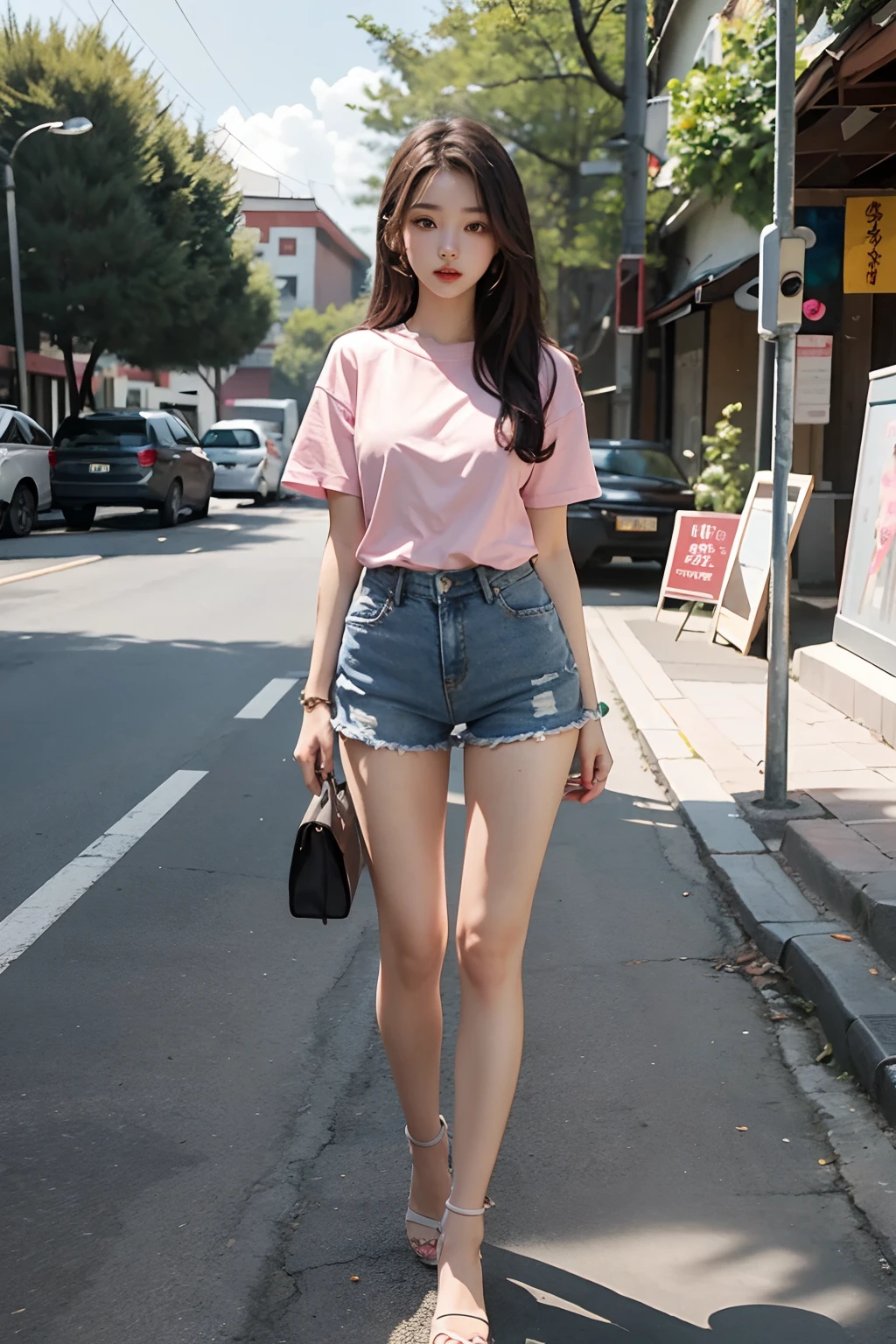 Ultra high quality, Full body like,Refined face,Beautiful girl of 18 years old,with a good figure,Smaller bust,whitet-shirt,Waistless pink denim shorts,Jiangtan Park scene,Stand tall