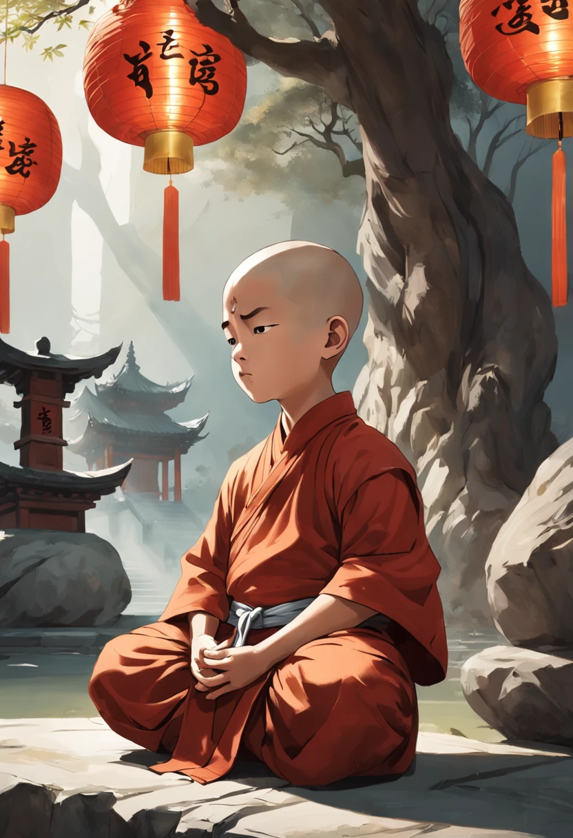 "Please create an image of a child Shaolin monk standing, wearing traditional monk robes in shades of red and gold. The boy monk should be in a quiet meditation pose, with his hands resting on his crossed legs. However, instead of a human head, the boy monk should have the Yin Yang symbol in black and white. The Yin Yang symbol should be placed where the boy monk's head would normally be, and its shape should blend harmoniously with the body of the boy monk. The environment around the monk could be an ancient temple with hanging paper lanterns and lush plants. Soft lighting should enhance the serenity of the scene. The image should convey a sense of balance, tranquility and the coming together of opposites ."