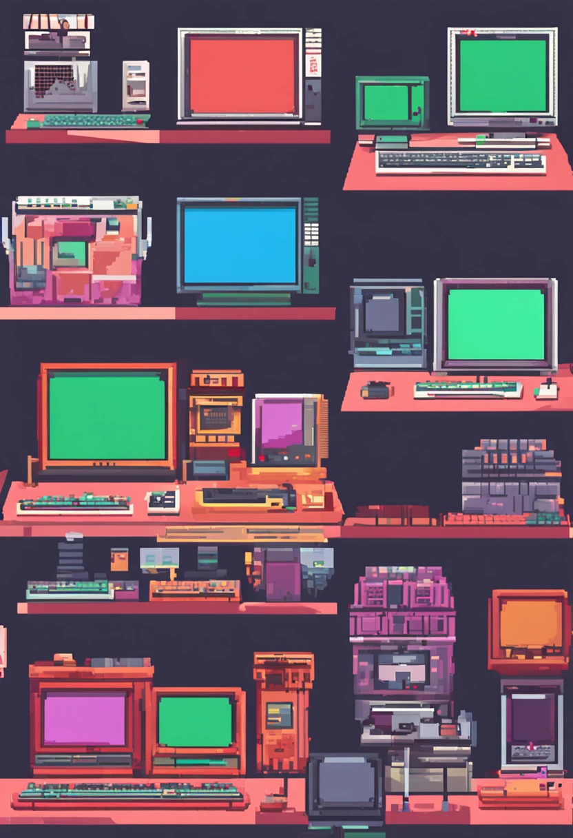 Pixel art images of computer consoles with different types of screens, used for HUDs