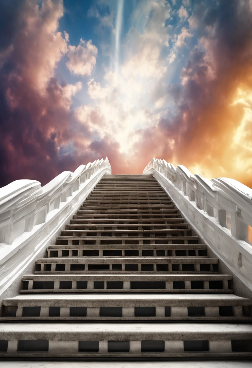 a white staircase leading to a bright sky with clouds, stairway to heaven, Leading to the sky, she is arriving heaven, heaven in the top, heaven background, heaven!!!!!!!!, she is approaching heaven, heavens gate, stairs from hell to heaven, in sky, descending from the heavens, transcendendo para um plano superior, heaven paradise, ascension