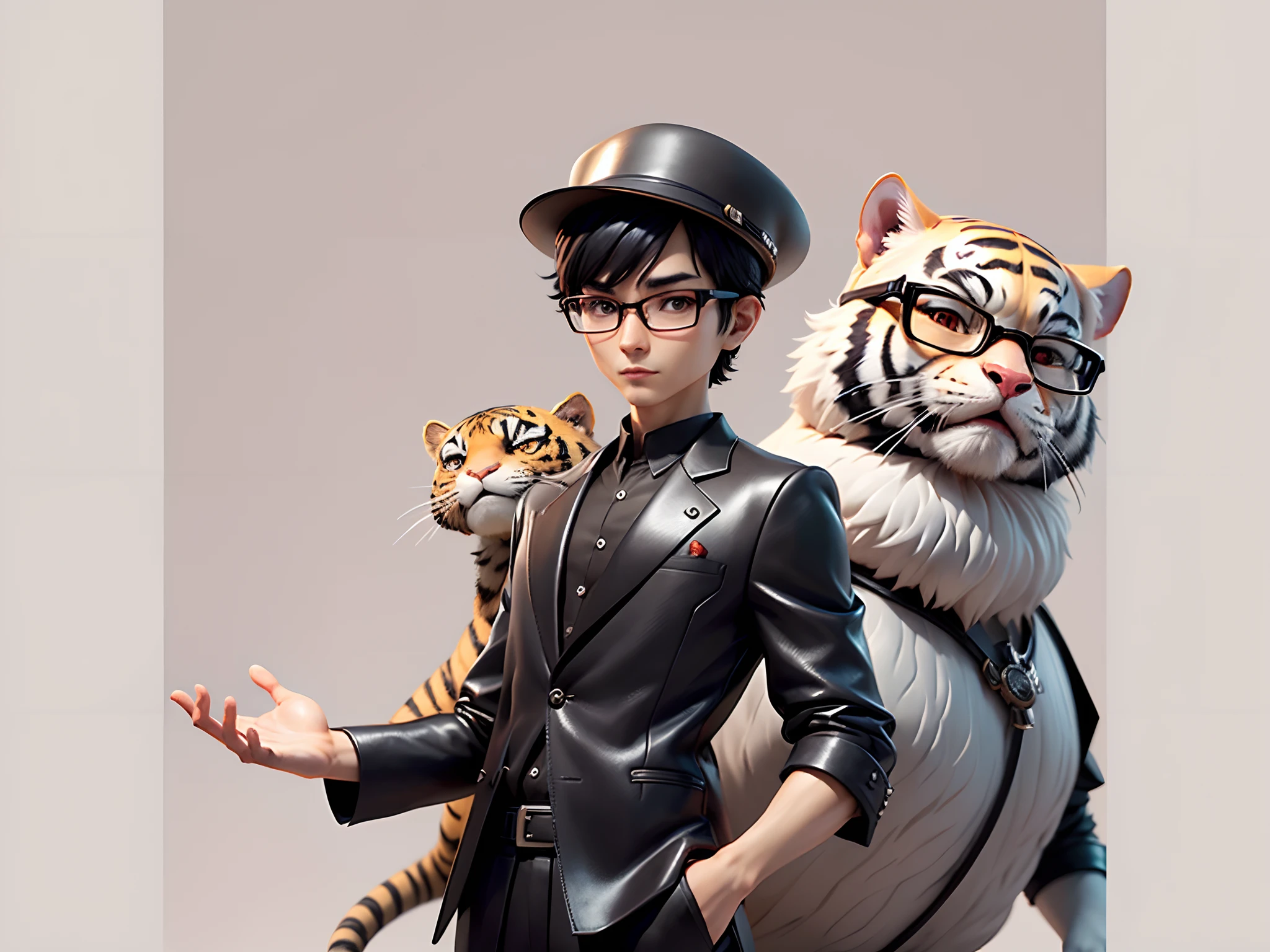 Young man with oriental face in leather hat, tiger, oriental face in formal suit, short black hair, silver glasses, digital painting, 3D character design by Mark Clairedon and Pixar and Hayao Miyazaki and Akira Toriyama, the illustration is a high-definition illustration in 4K resolution with very detailed facial features and cartoon-style visuals.
