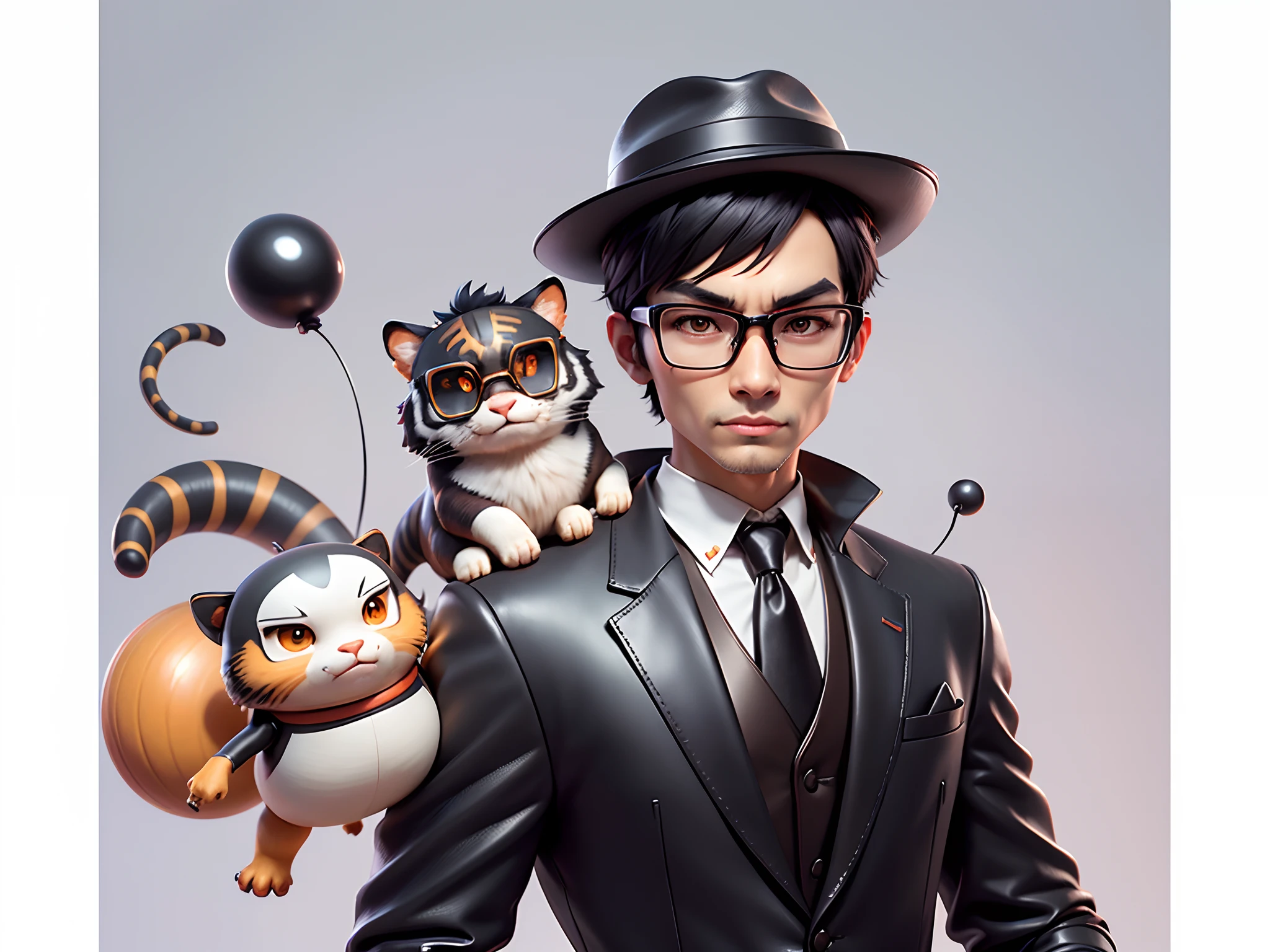 Young man with oriental face in leather hat, tiger, oriental face in formal suit, short black hair, silver glasses, digital painting, 3D character design by Mark Clairedon and Pixar and Hayao Miyazaki and Akira Toriyama, the illustration is a high-definition illustration in 4K resolution with very detailed facial features and cartoon-style visuals.