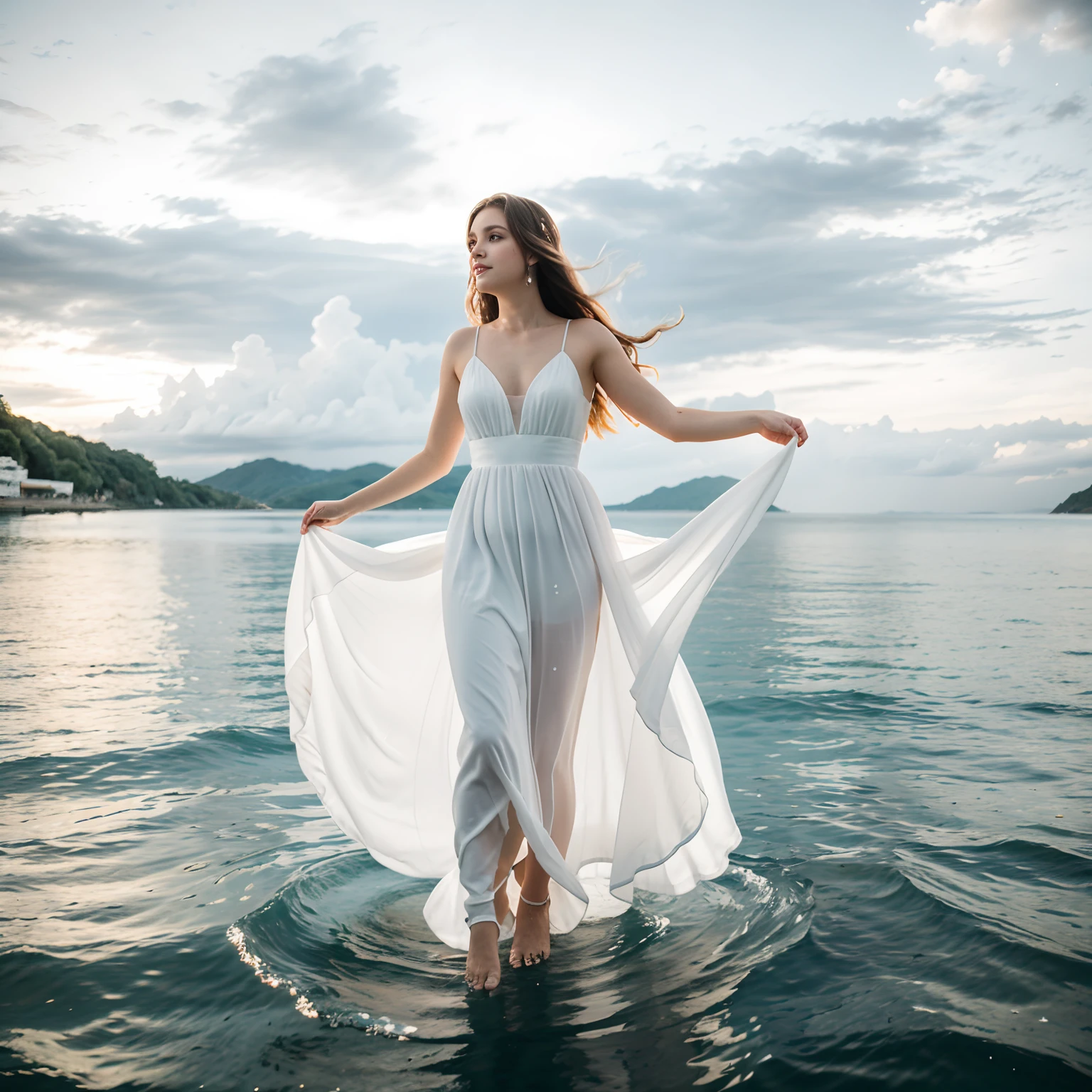 Woman in white dress standing in sea water with flowing dress, a noite, starly sky, sky with galaxy, como uma deusa, walking on water, mulher iluminada, blue water, wearing a white flowing dress, white flowing dress, she is floating in the air, flowing white robes, tiptoes, Flowing dress, lindo vestido branco longo longo, Wearing a flowing dress, flutuando no ar, vestido branco longo, Pose flutuante elegante, cabelo flutuando ao vento, Girl in white dress dancing, mistic