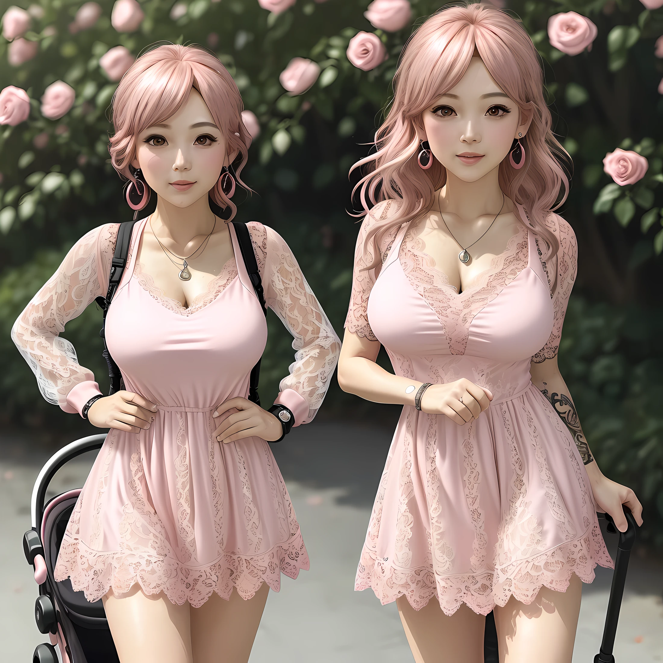 There is a woman pushing a stroller with her child, covered breast, dressed in a white t-shirt, Smooth white tight clothes suit, asian female, 30 year old female, 3 0 years old woman, sie boob, Wearing tight simple clothes, large breasts size, barrel chested, longshot, (1girl in),Akiryomai ,Necklaces, earrings,Brownish red hair,Shy, Blushing,See-through,(Pink Mini Lace Dress:1.6),(Sweat:1.25), (Tattoo of roses :1.2) ,(((Solo))),depth of fields,(masutepiece:1.5),(Best Quality:1.4),Extremely detailed ,。.3D,Cinema-4D , 8K,Photorealistic ,( Charming female body), (huge-breasted), Pink lips,(((finger detailed))),subject centred,(((extra hands))), (((Extra legs))), Bigchest