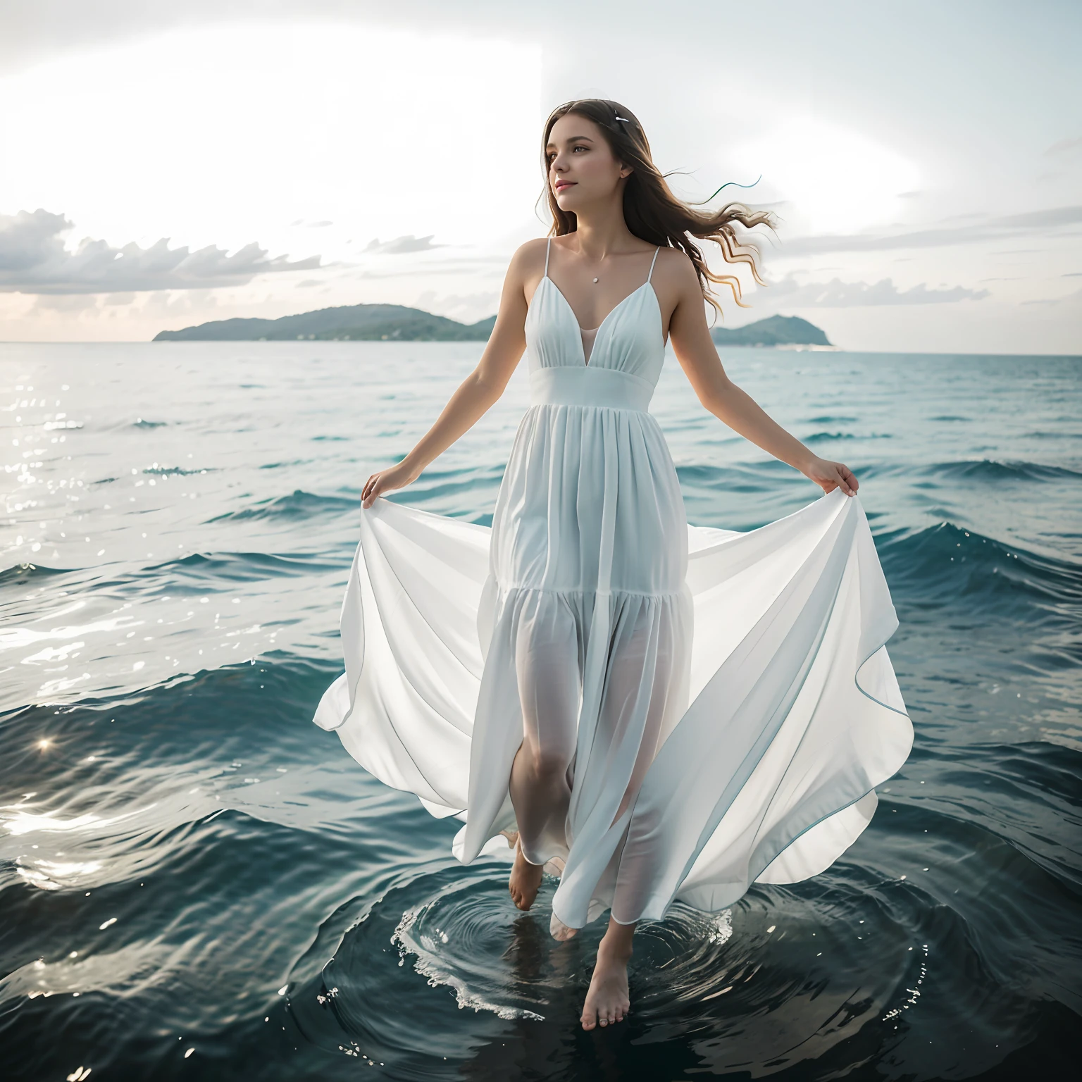 Woman in white dress standing in sea water with flowing dress, a noite, starly sky, sky with galaxy, como uma deusa, walking on water, mulher iluminada, blue water, wearing a white flowing dress, white flowing dress, she is floating in the air, flowing white robes, tiptoes, Flowing dress, lindo vestido branco longo longo, Wearing a flowing dress, flutuando no ar, vestido branco longo, Pose flutuante elegante, cabelo flutuando ao vento, Girl in white dress dancing, mistic