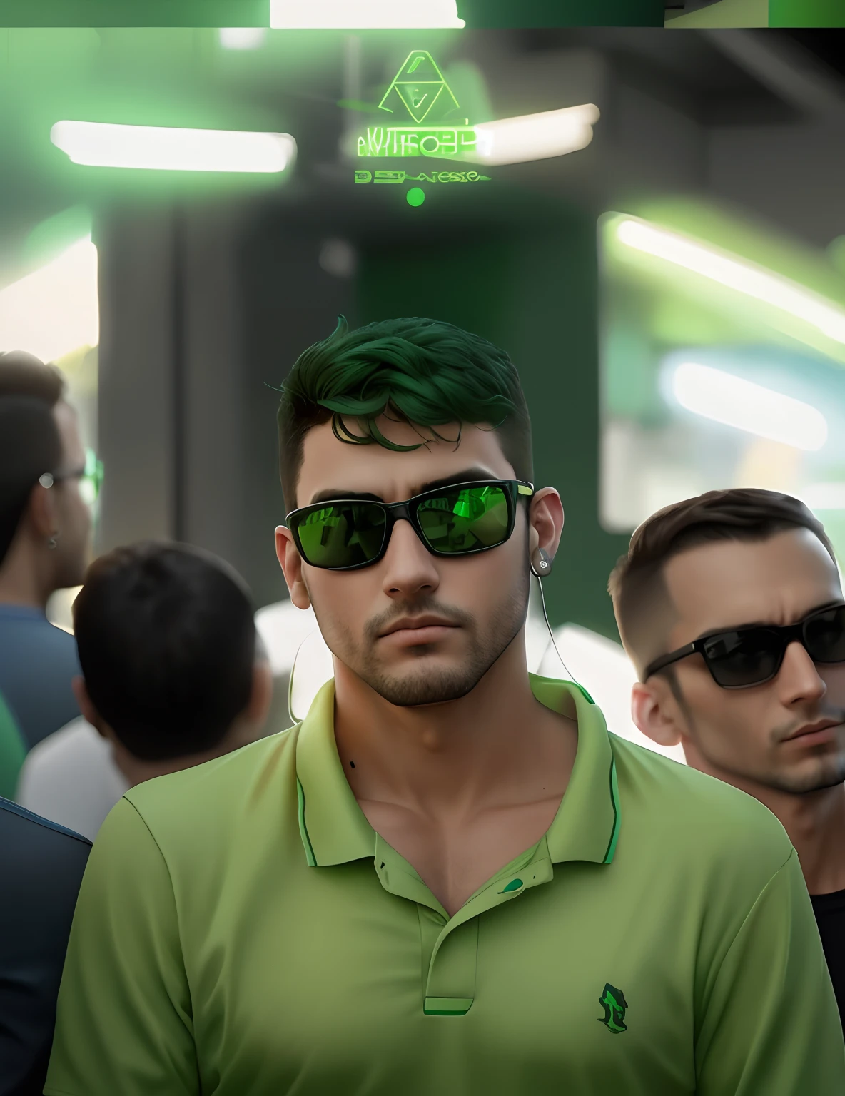 Man in sunglasses and green polo shirt, retrato tirado 8k, fotografia selfie 8k, imagem de alta qualidade, foto de perfil headshot, estilo cyberpunk