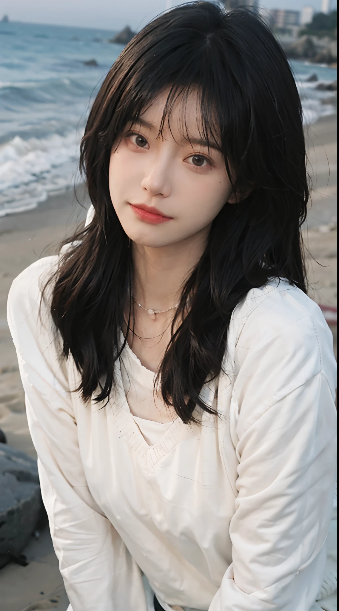 best qualtiy， 超高分辨率， （realisticlying：1.4），cute hairpin，1girll，Red long-haired,Quartered sweater ，Beautiful woman with a slim figure:1.4, Pronounced abs，On the sandy beach,Ultra-fine face，Elaborate Eyes，二重まぶた，choker necklace