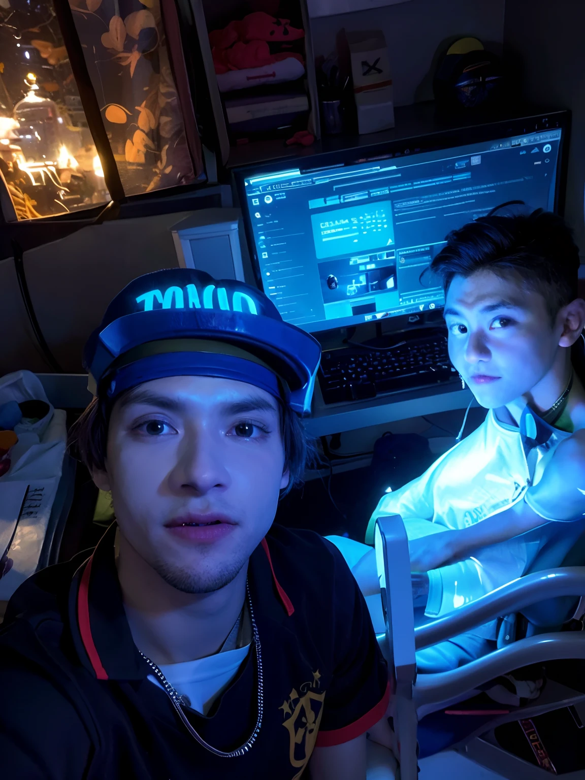 There are two boys sitting in front of a computer at a desk, imagem do avatar, Foto realista