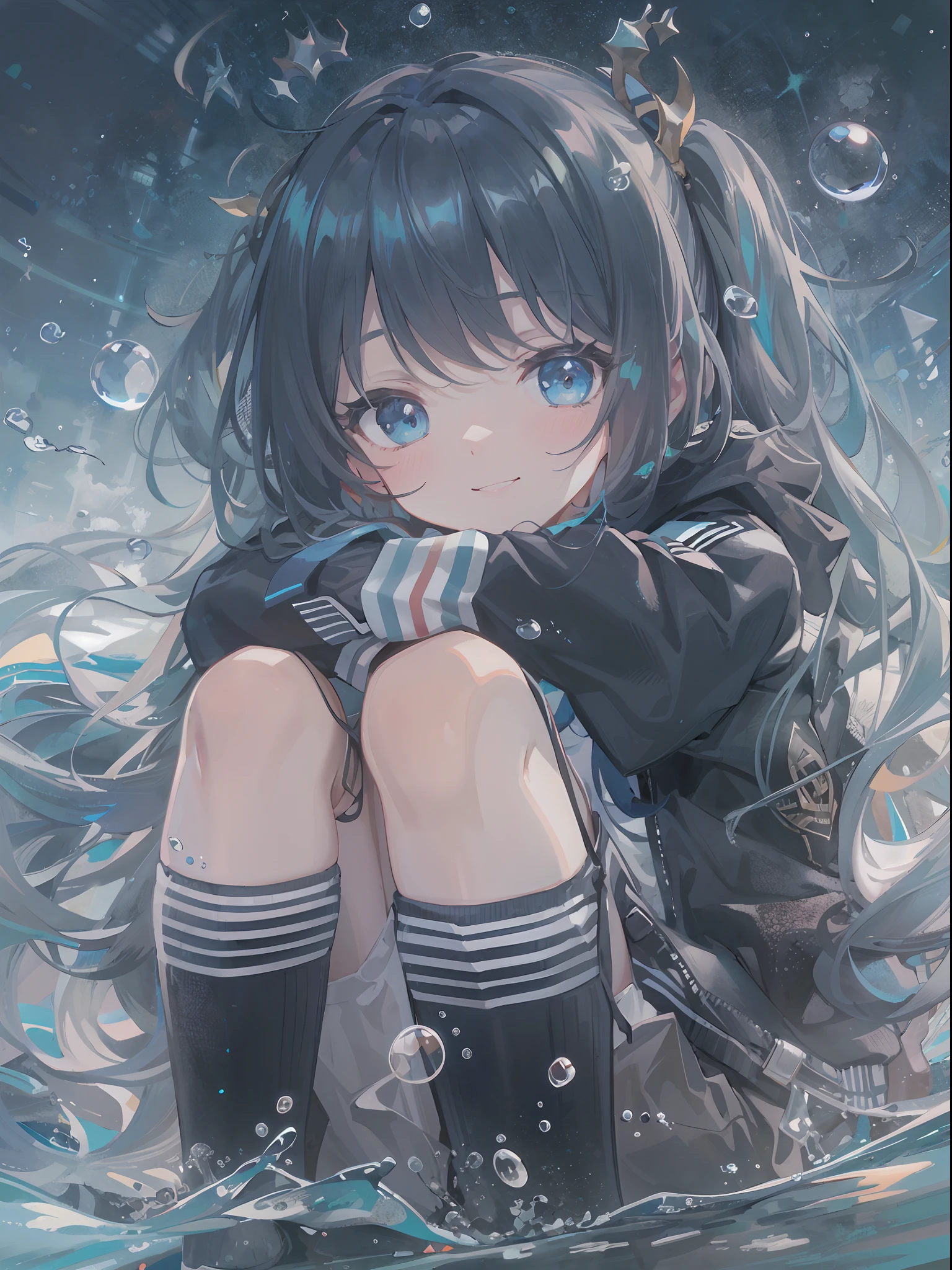((top-quality)), ((masterpiece)), ((ultra-detailliert)), (extremely delicate and beautiful), girl with, 独奏, cold attitude,((Black jacket)),She is very(relax)with the(Settled down)Looks,A dark-haired, depth of fields,evil smile,Bubble, under the water, Air bubble,bright light blue eyes,Inner color with black hair and light blue tips,Cold background,Bob Hair - Linear Art, shortpants、knee high socks、White uniform like school uniform、Light blue ribbon ties、Clothes are sheer、Hands in pockets