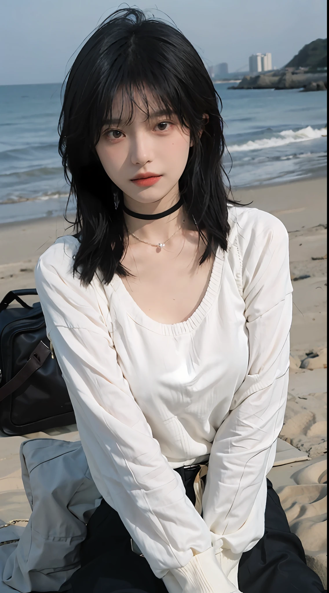 best qualtiy， 超高分辨率， （realisticlying：1.4），cute hairpin，1girll，Air bangs，with long coiled hair,Quartered sweater ，Blushlush，Beautiful woman with a slim figure:1.4, Pronounced abs，On the sandy beach,Ultra-fine face，Elaborate Eyes，二重まぶた，choker necklace