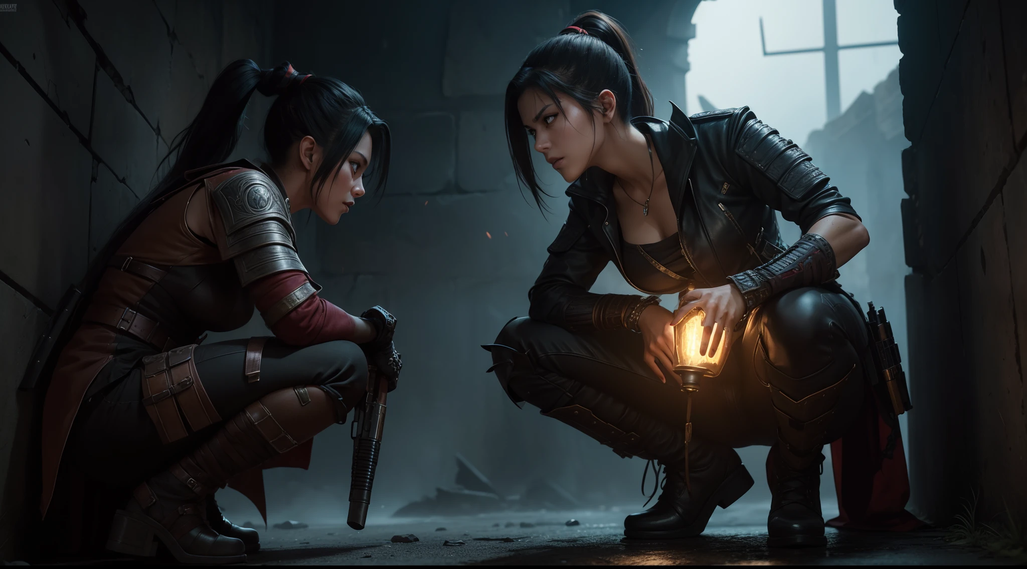 (images of two female vampire mercenary crouching behind a wall hiding from enemies, one of the mercenary was Caucasian with short black hair, and the other mercenary was Asian with ponytail brown hair, full body, dim lighting and flickering lights), wide shot, dynamic angle shot, action movie scene shot, photo realism, intricate face detail, intricate hand details, highly detailed, vibrant colors, cinematic, high definition, trending on Artstation--style raw