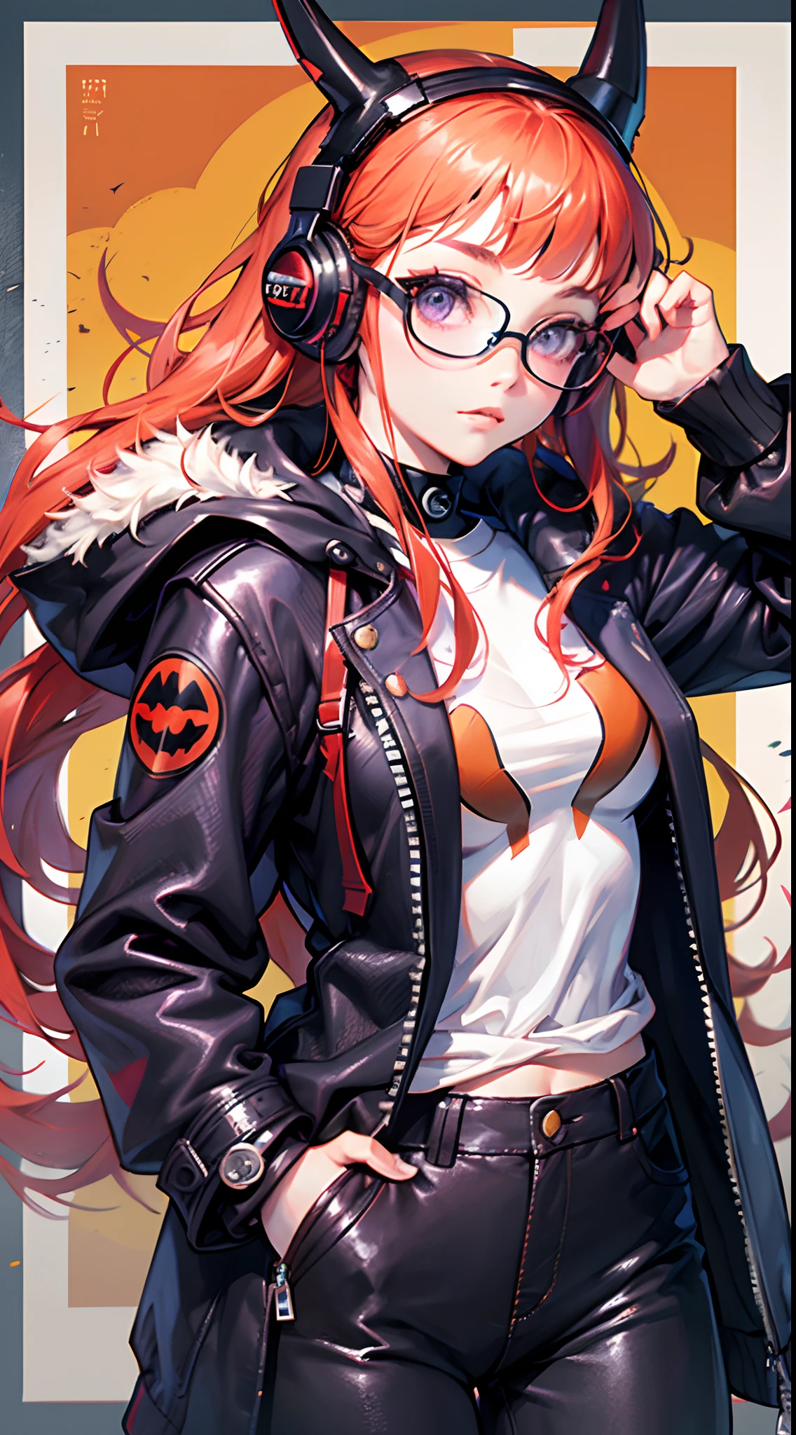 Batgirl, Persona 5, Futaba ,(masterpiece, best quality:1.1), ghibli style, red and blak colors, long_orange_hair, purple eyes, hair_bands, glasses, black and red headphone, coat and hoodie and fur, solo,free style