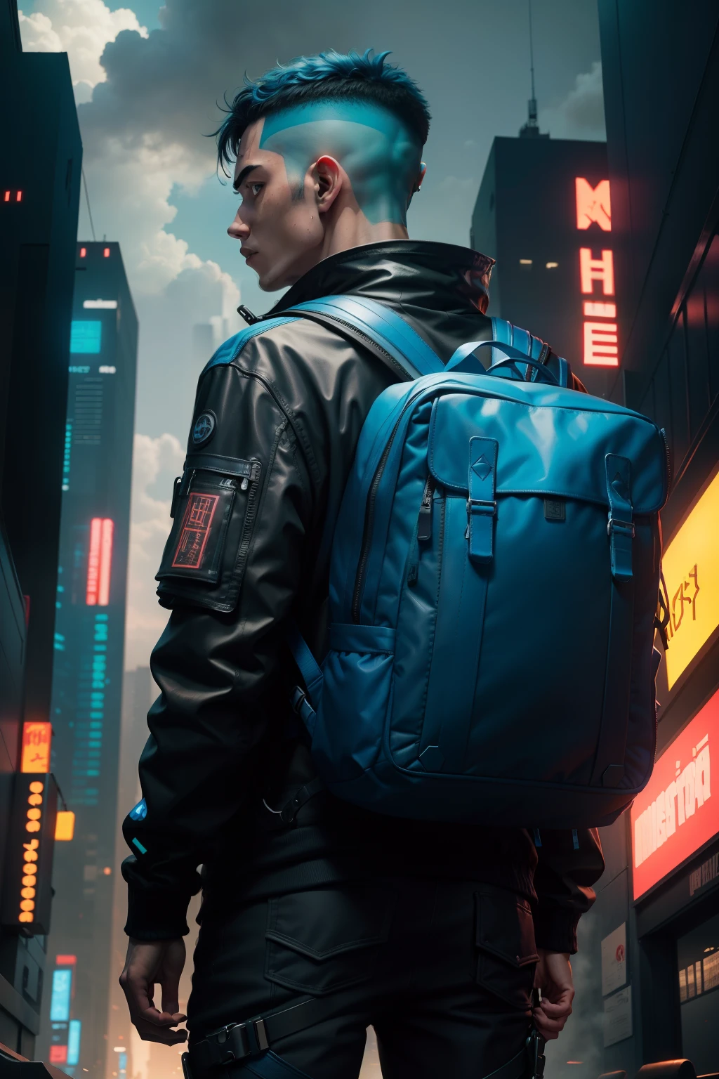 a people, back, backpack, cyberpunk, man, blue color, strong color saturation